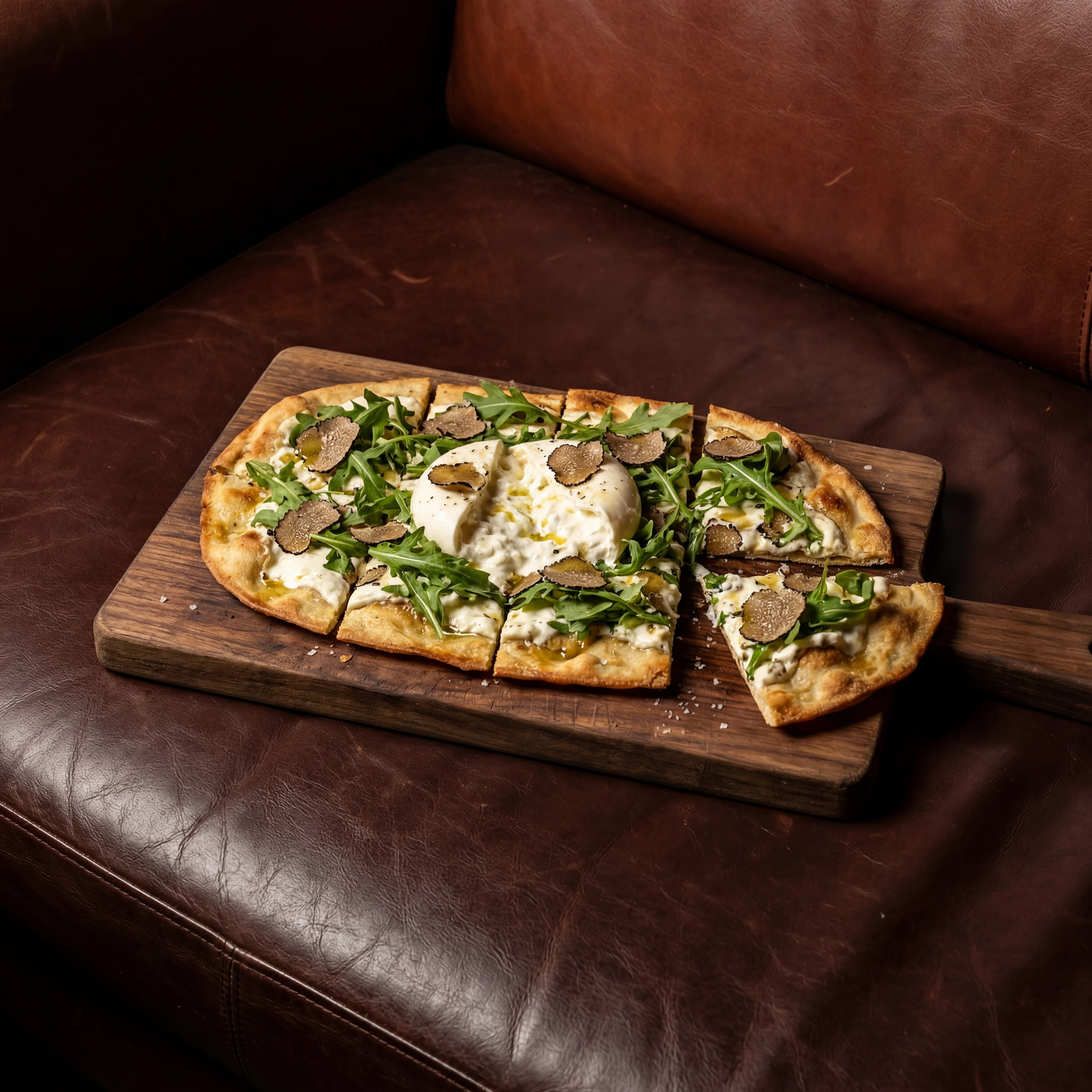 Truffle burrata flatbread on cutting board — elevated bar bites photography