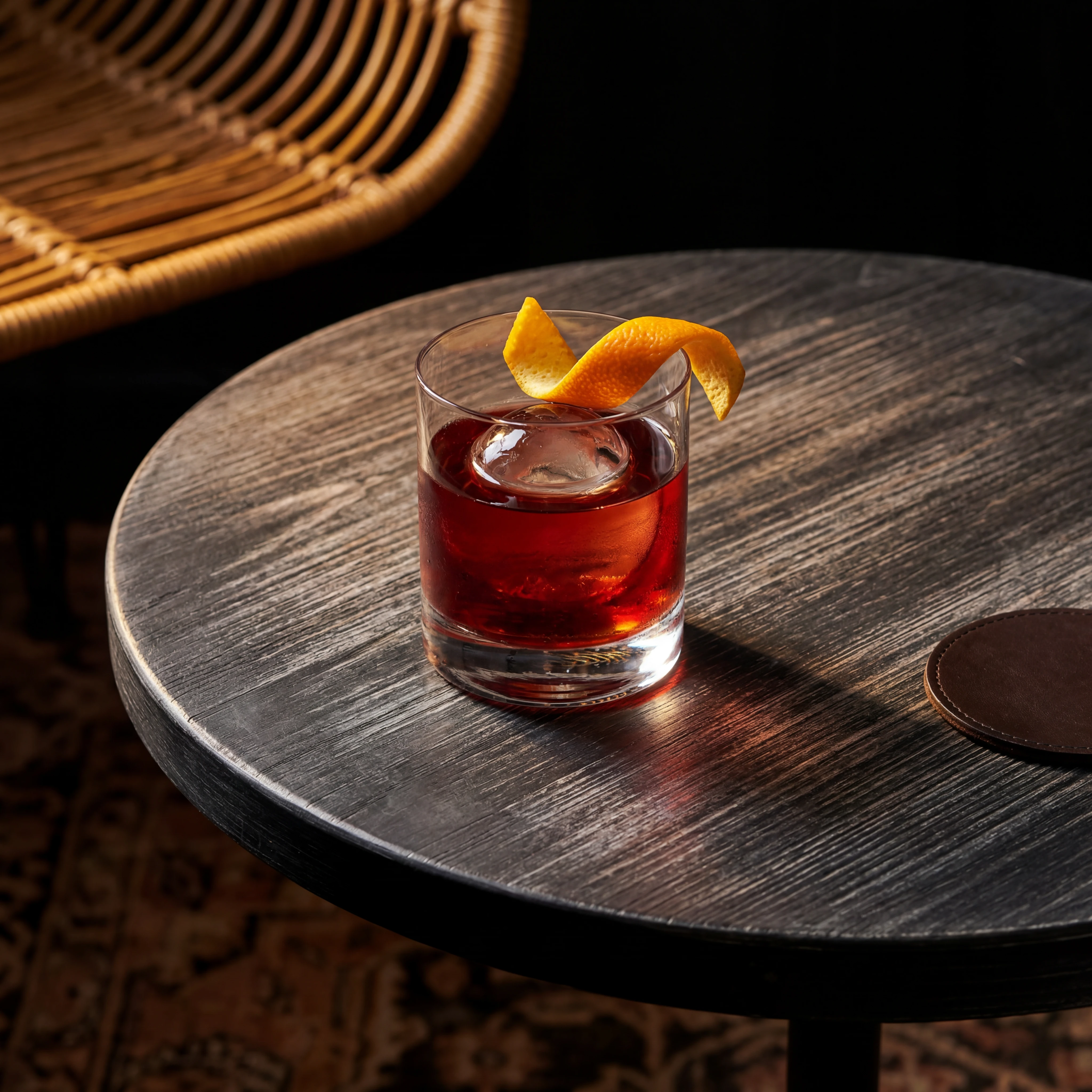 Negroni with orange twist on lounge cocktail table — craft cocktail photography