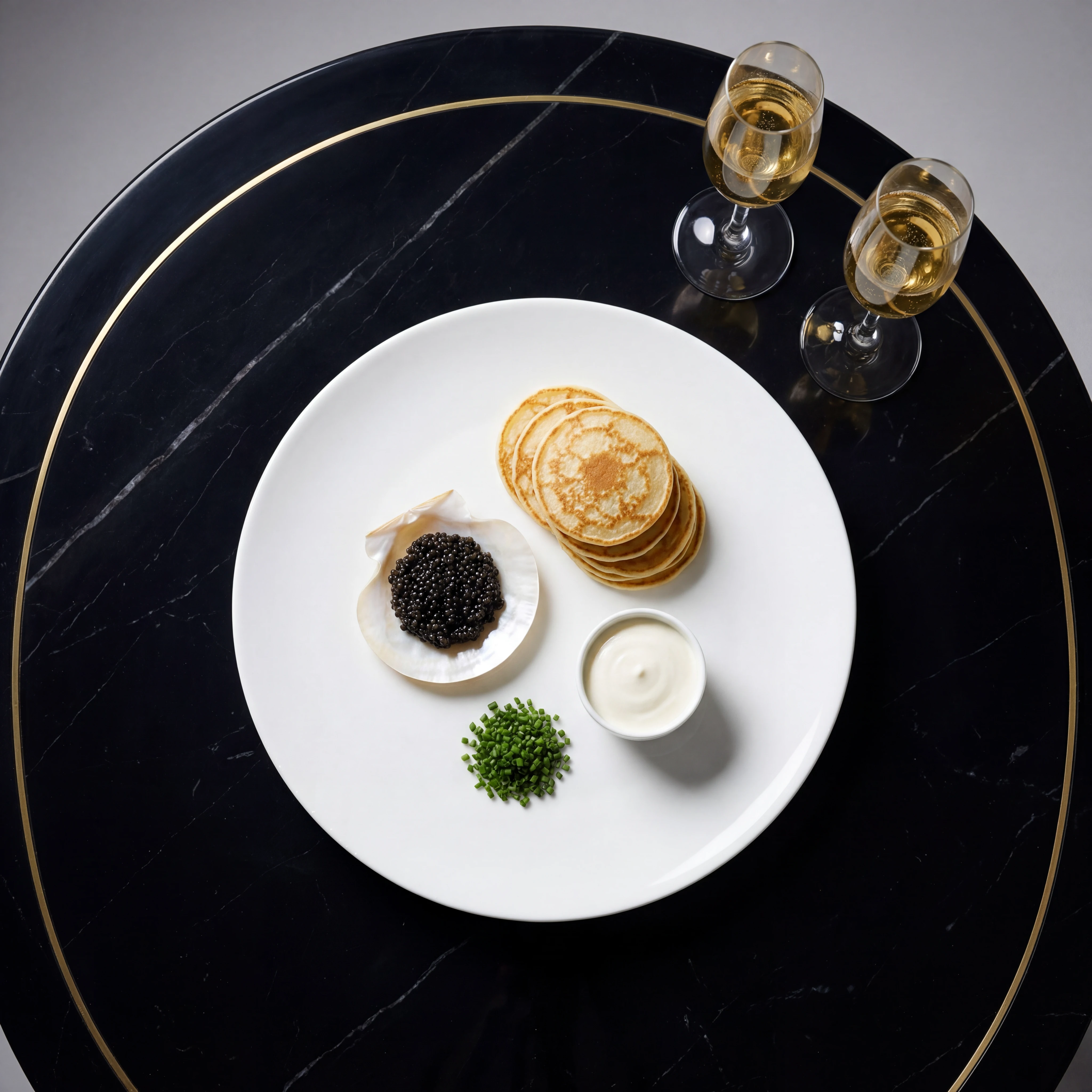 Caviar service with champagne on noir marble — luxury bar photography