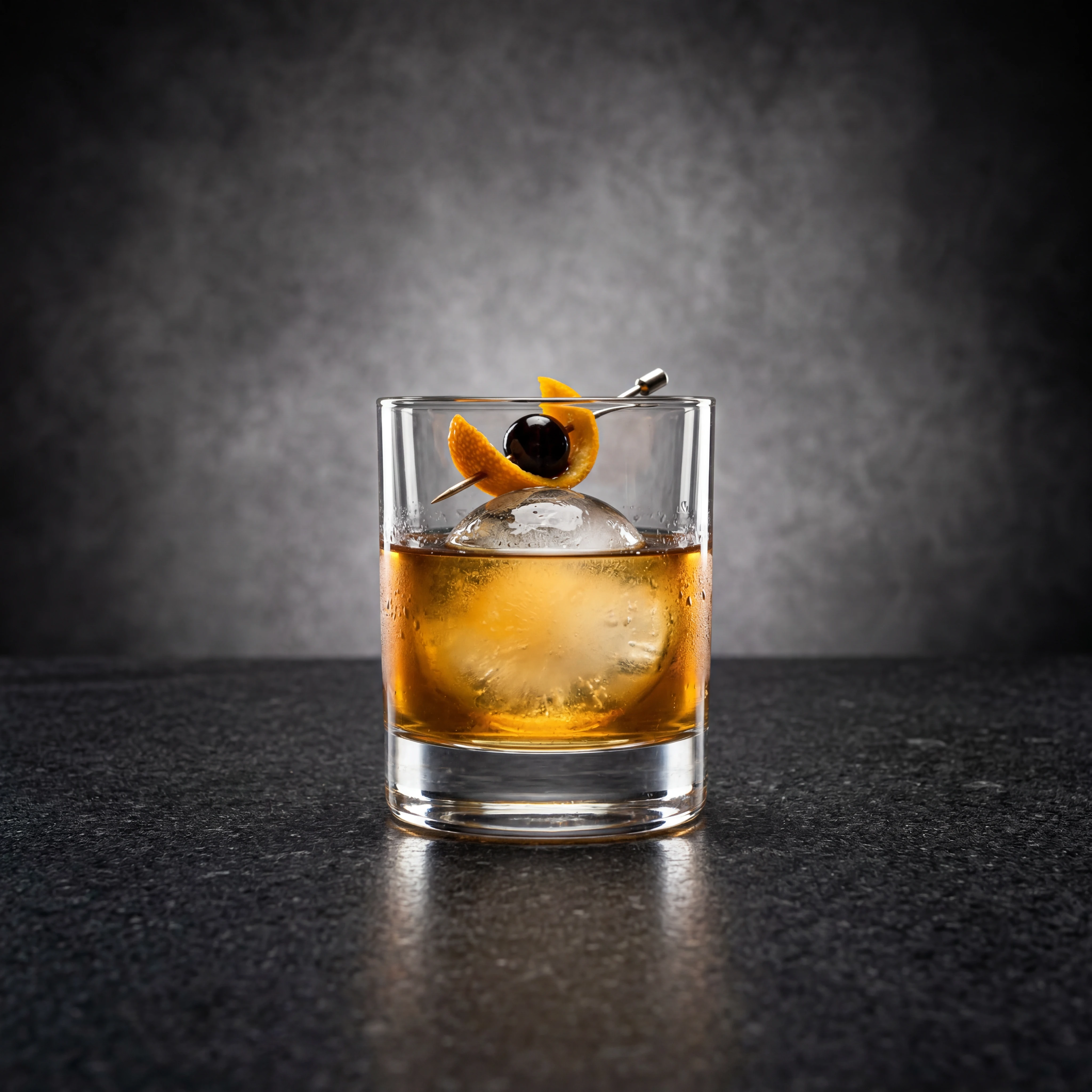Old Fashioned cocktail on dark stone surface — FoodShot AI bar photography