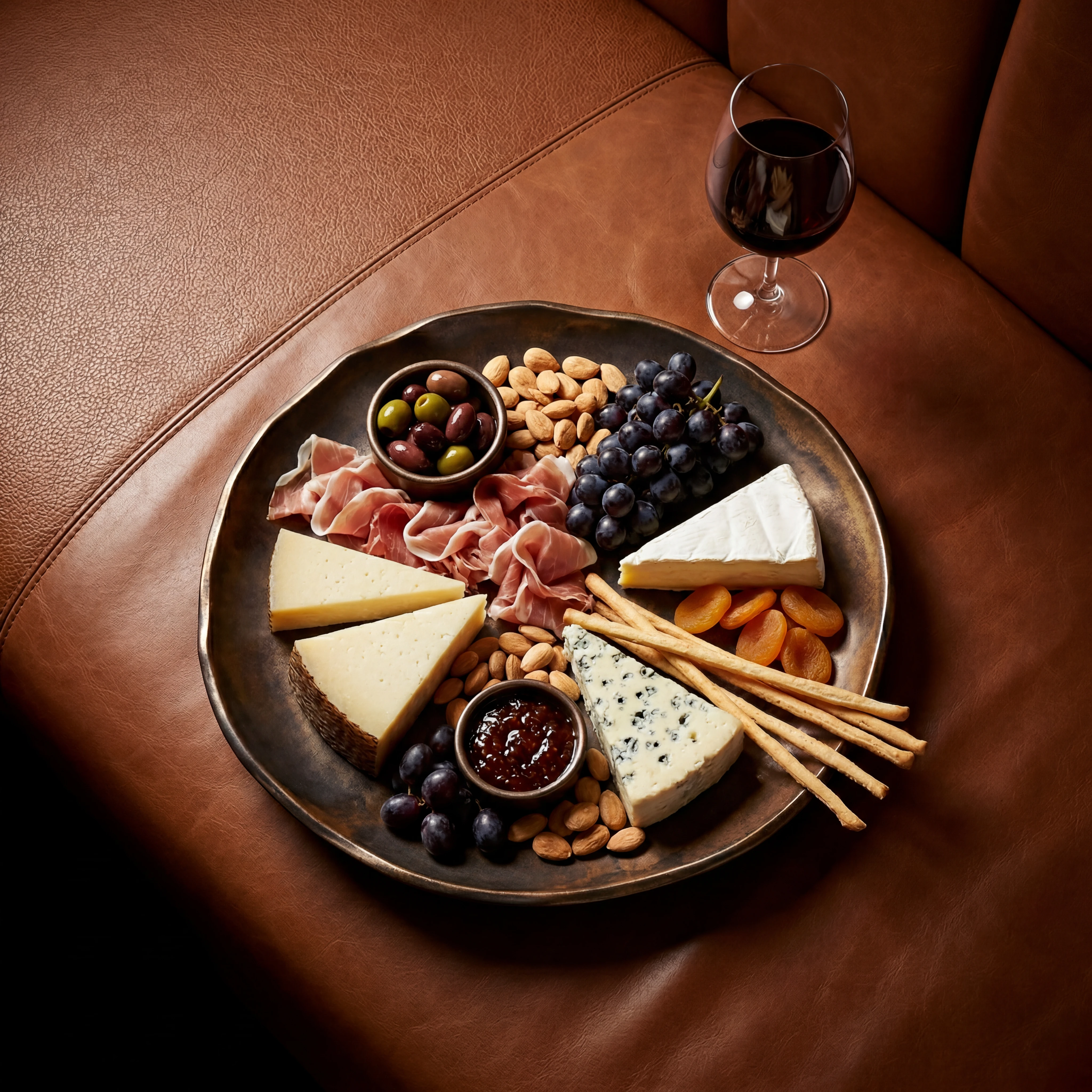Charcuterie board on leather lounge banquette — upscale lounge food photography