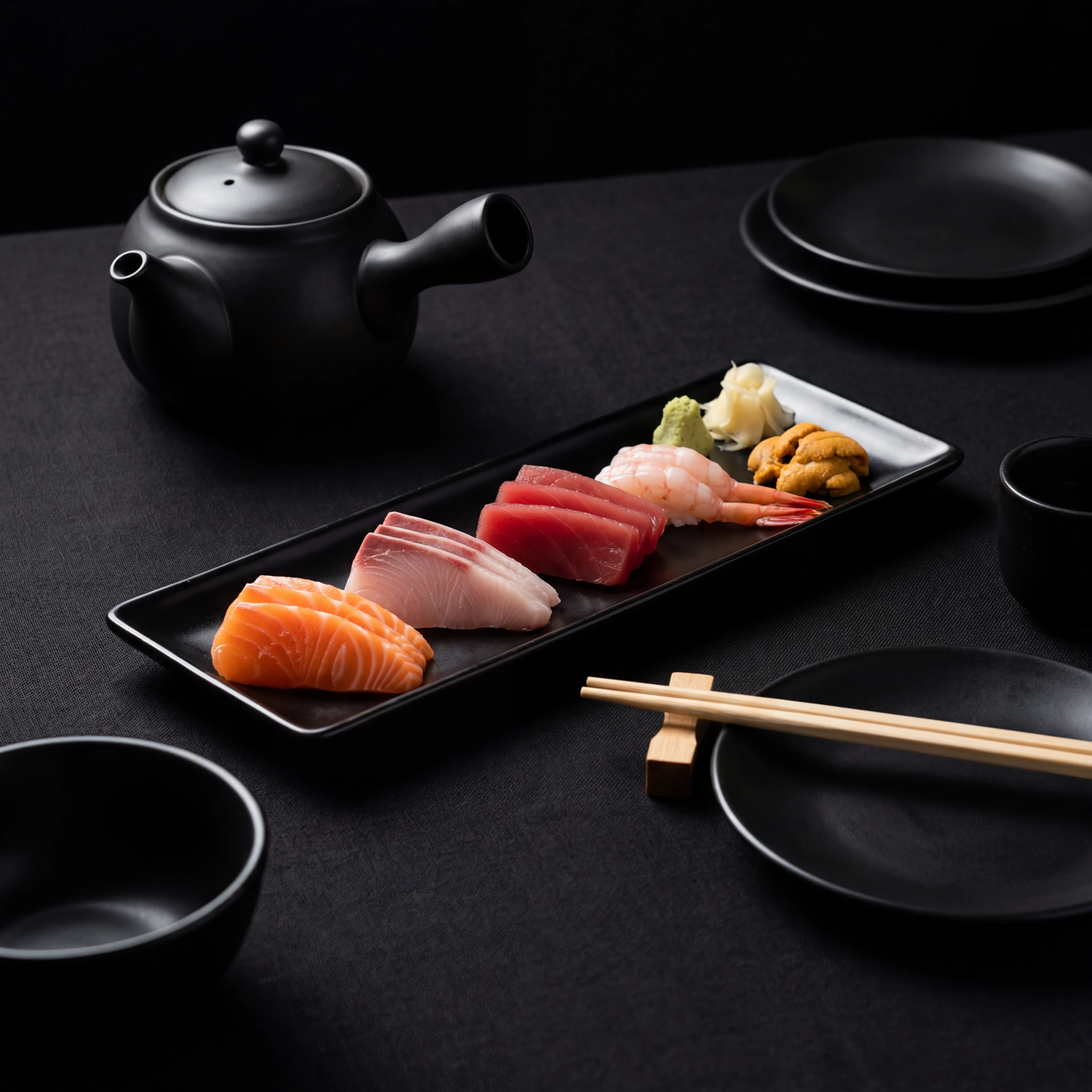 Sashimi platter on black linen — sushi bar and omakase photography