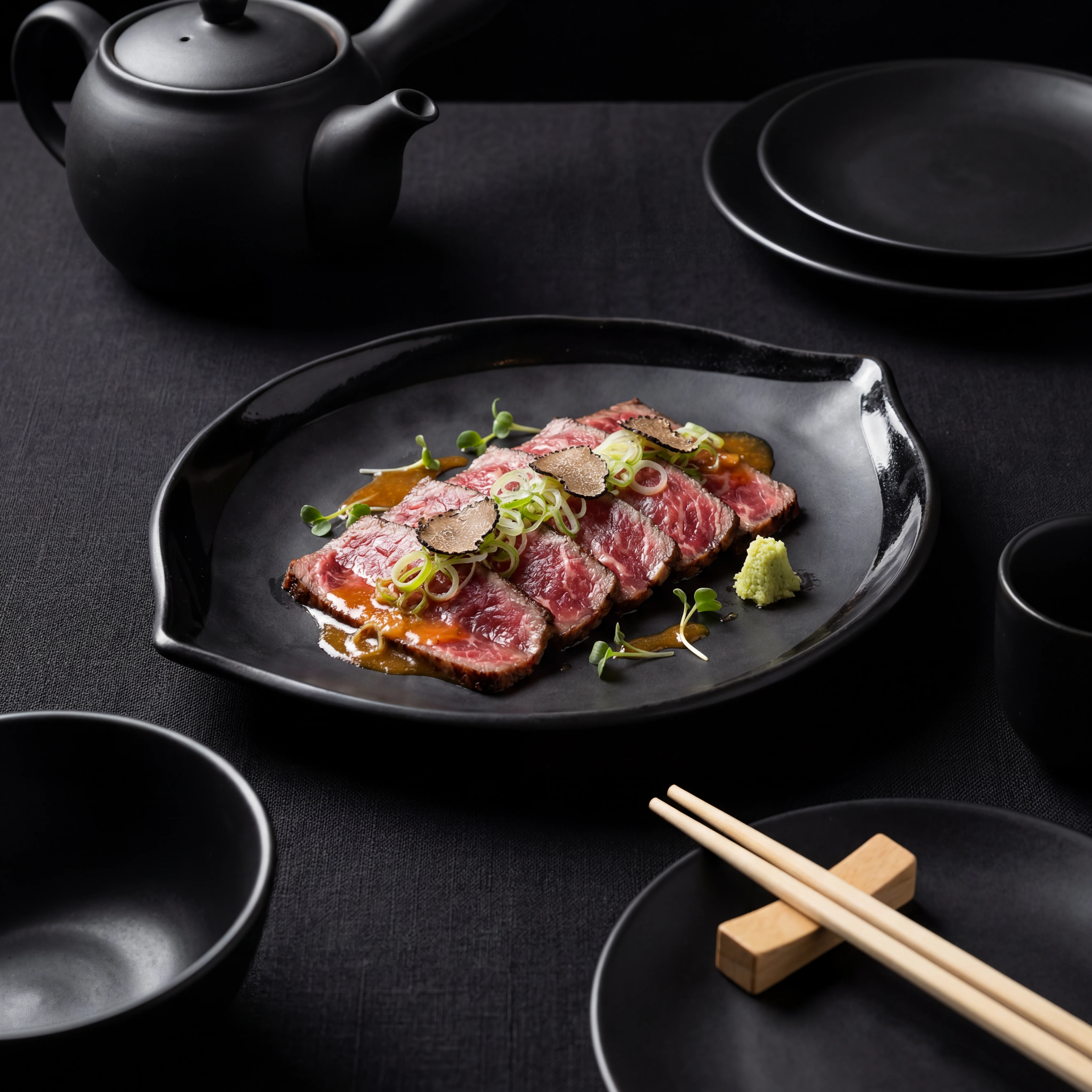 Wagyu tataki with truffle on black ceramic — Japanese bar food photography
