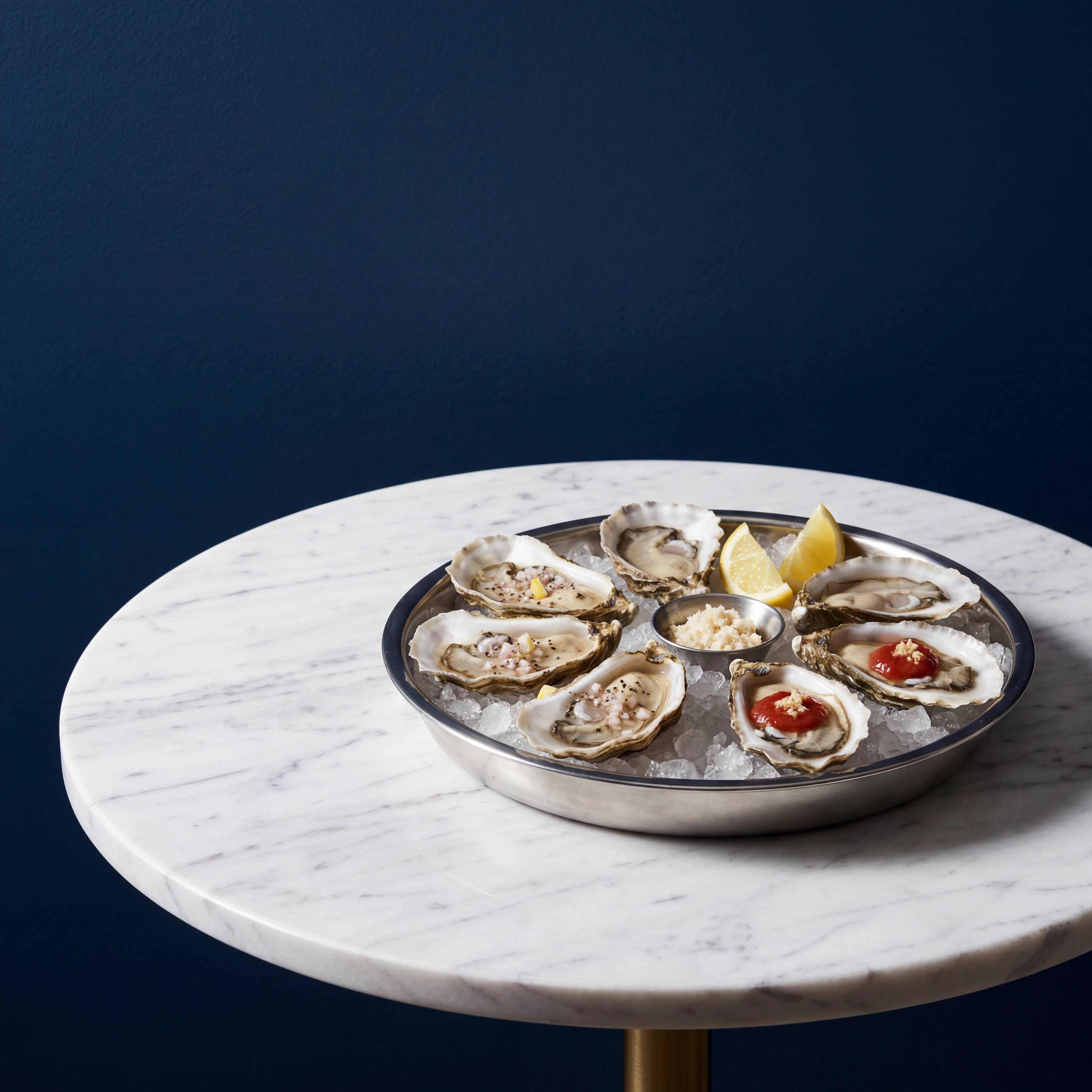 Oysters on ice on marble bistro table — raw bar photography