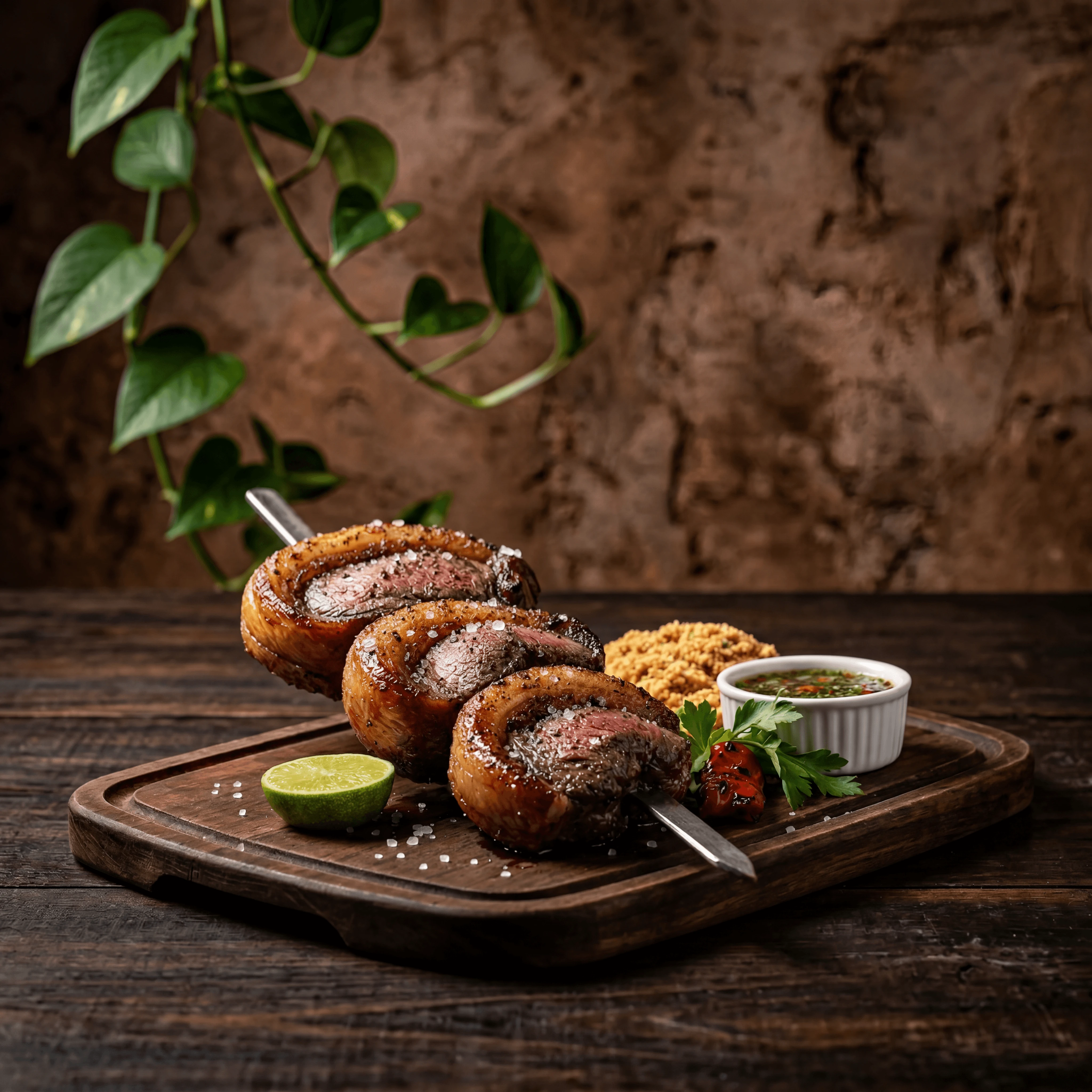 Picanha skewer sliced cap fat char dramatic rustic churrasco — picanha card photography