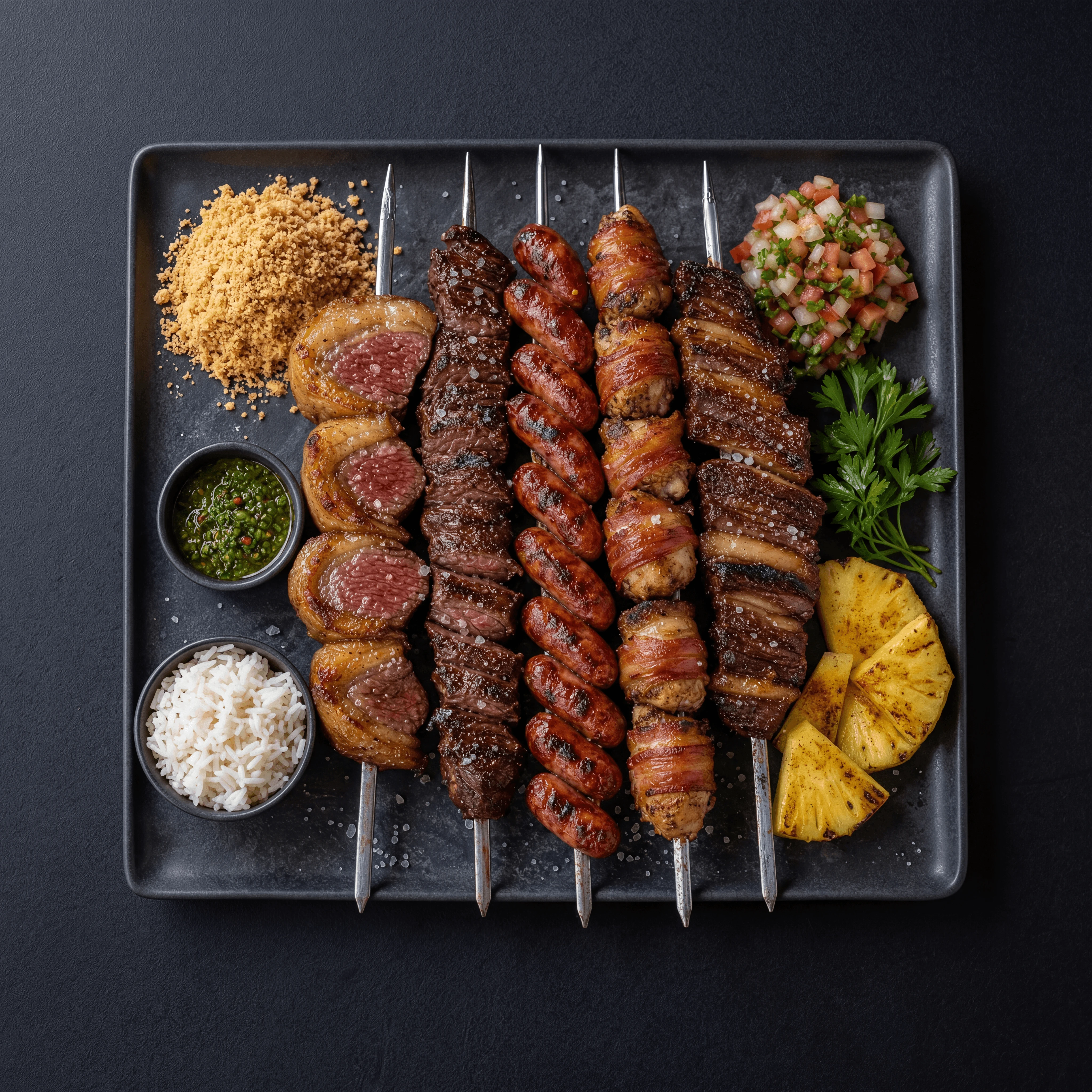 Rodizio meat skewers assorted churrasco cuts dark monolith dramatic — rodizio card photography