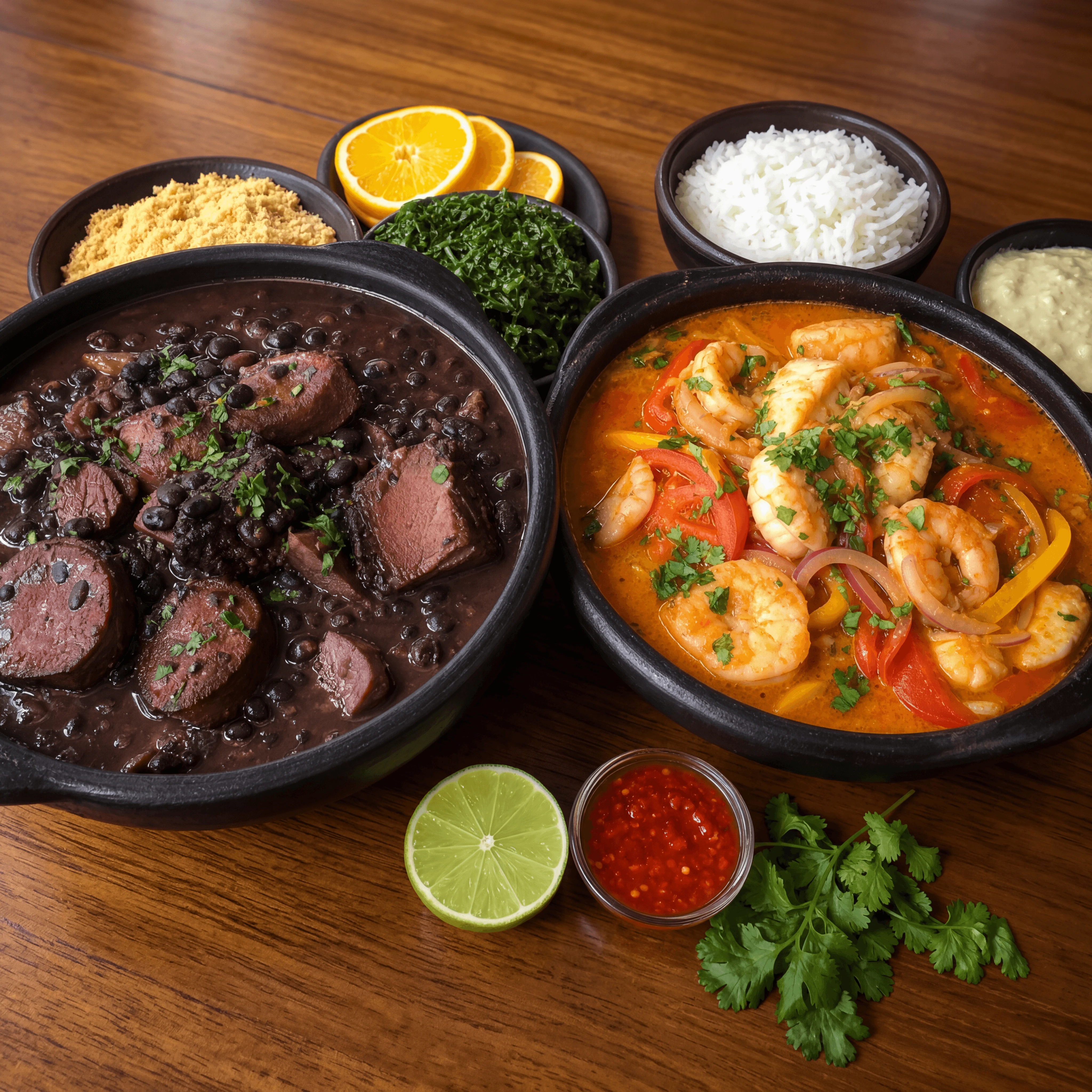 Feijoada moqueca two Brazilian stews clay pots warm cantina — feijoada moqueca card photography