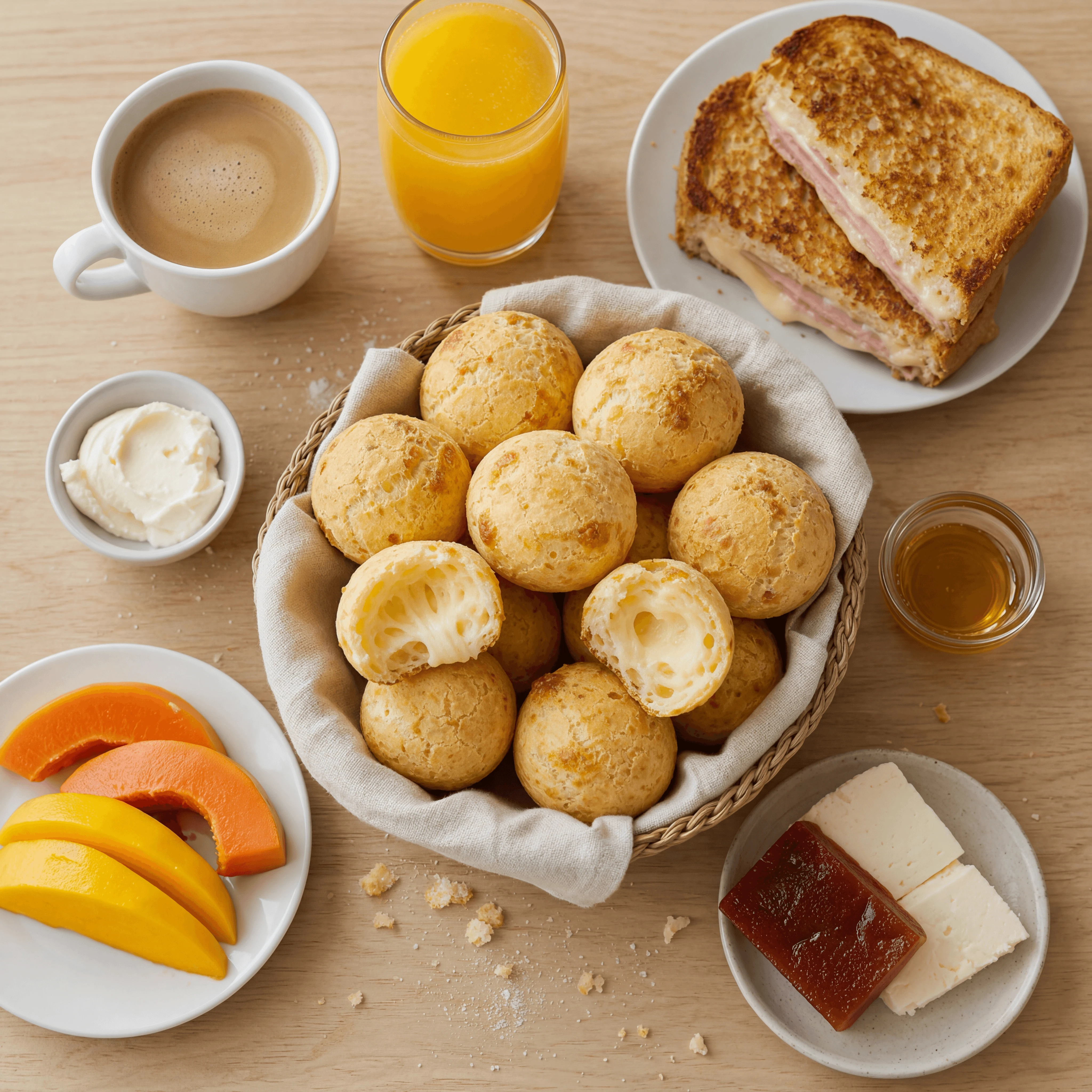 Pao de queijo cheese bread puffs basket cafe light wood top down padaria — pao de queijo card photography