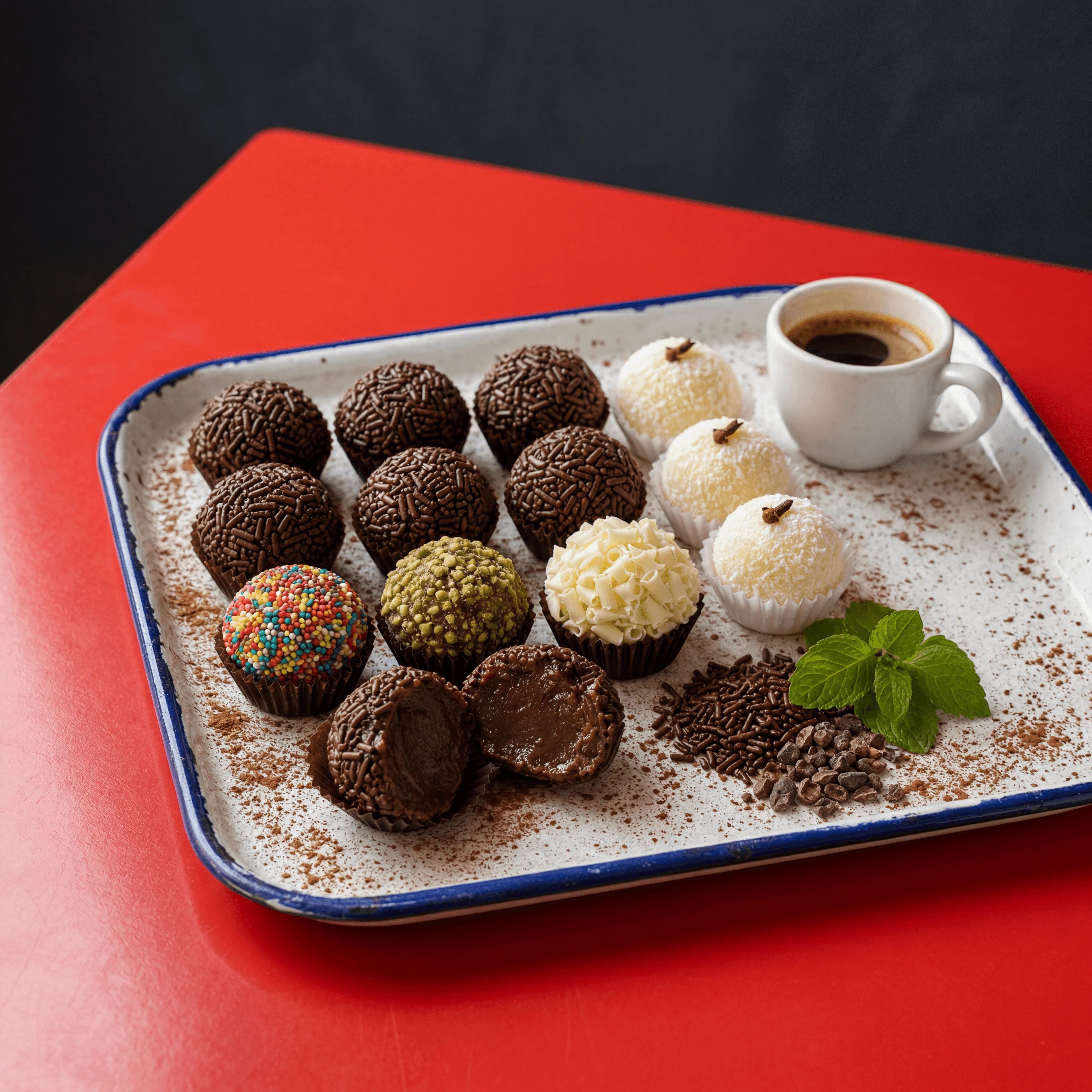 Brigadeiro chocolate truffles beijinho sweets tray red cafe Brazilian — brigadeiro card photography