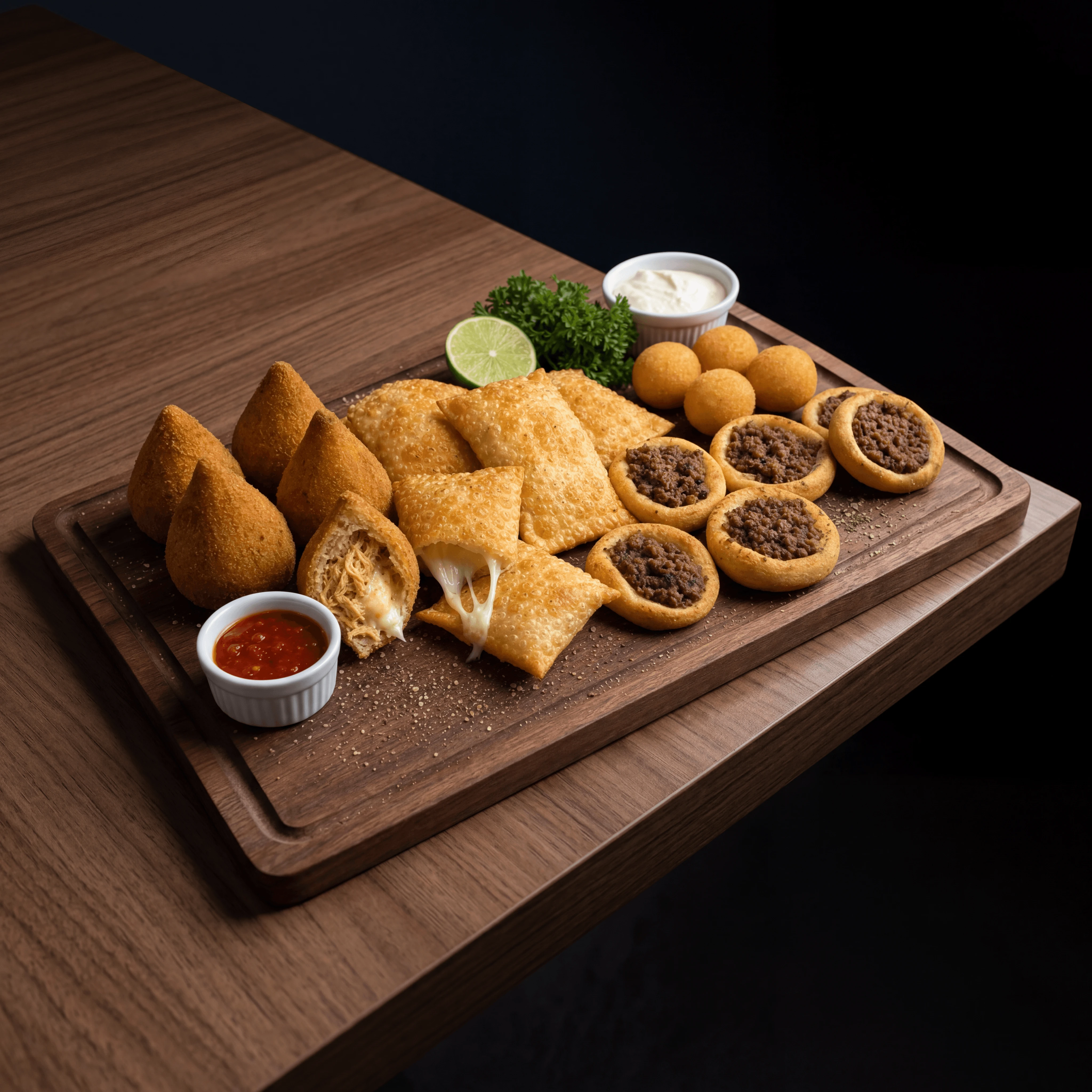 Coxinha teardrop chicken pastries pastel salgadinhos dark walnut Brazilian snack — coxinha card photography