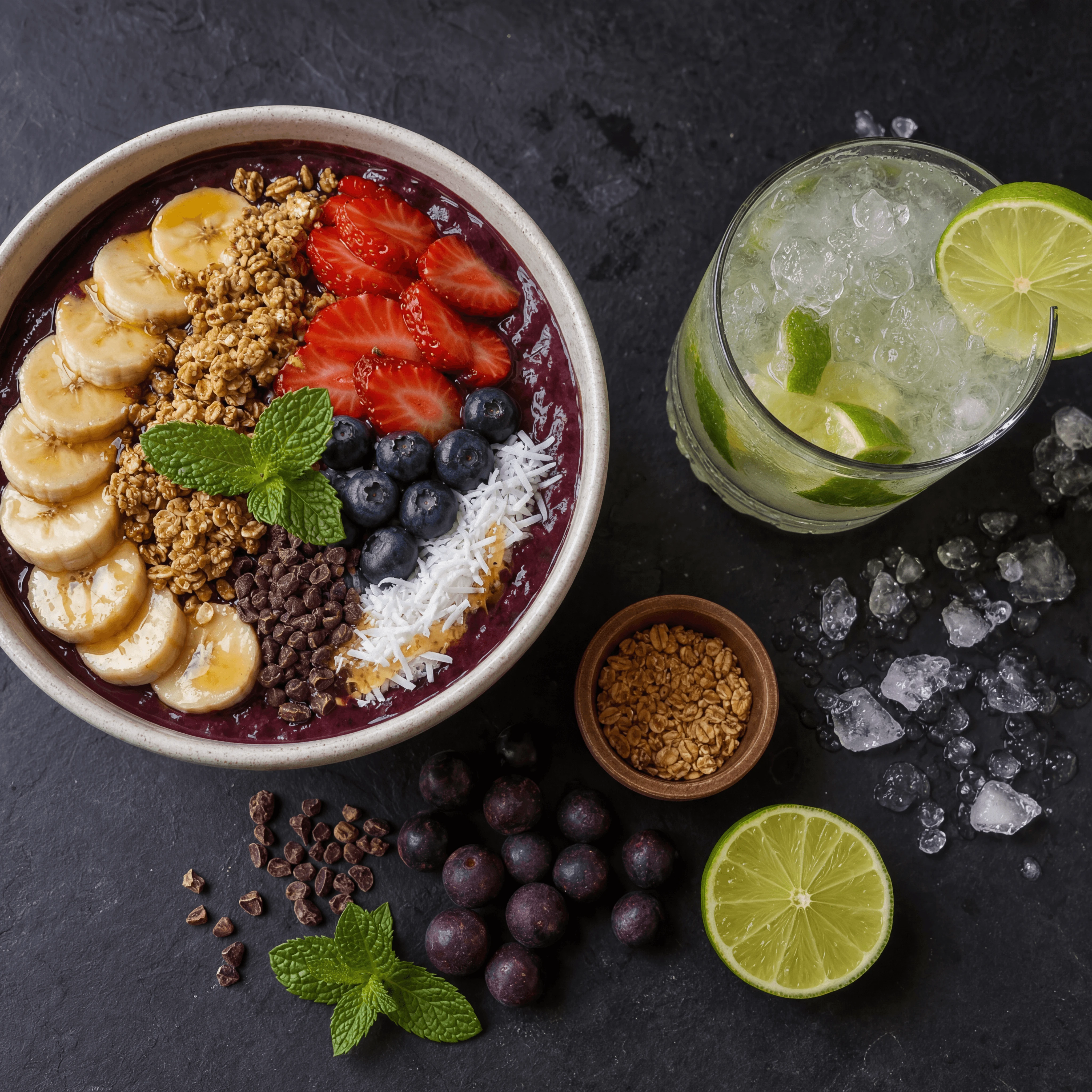 Acai bowl caipirinha lime cocktail purple topping dark slate top down Brazilian — acai caipirinha card photography