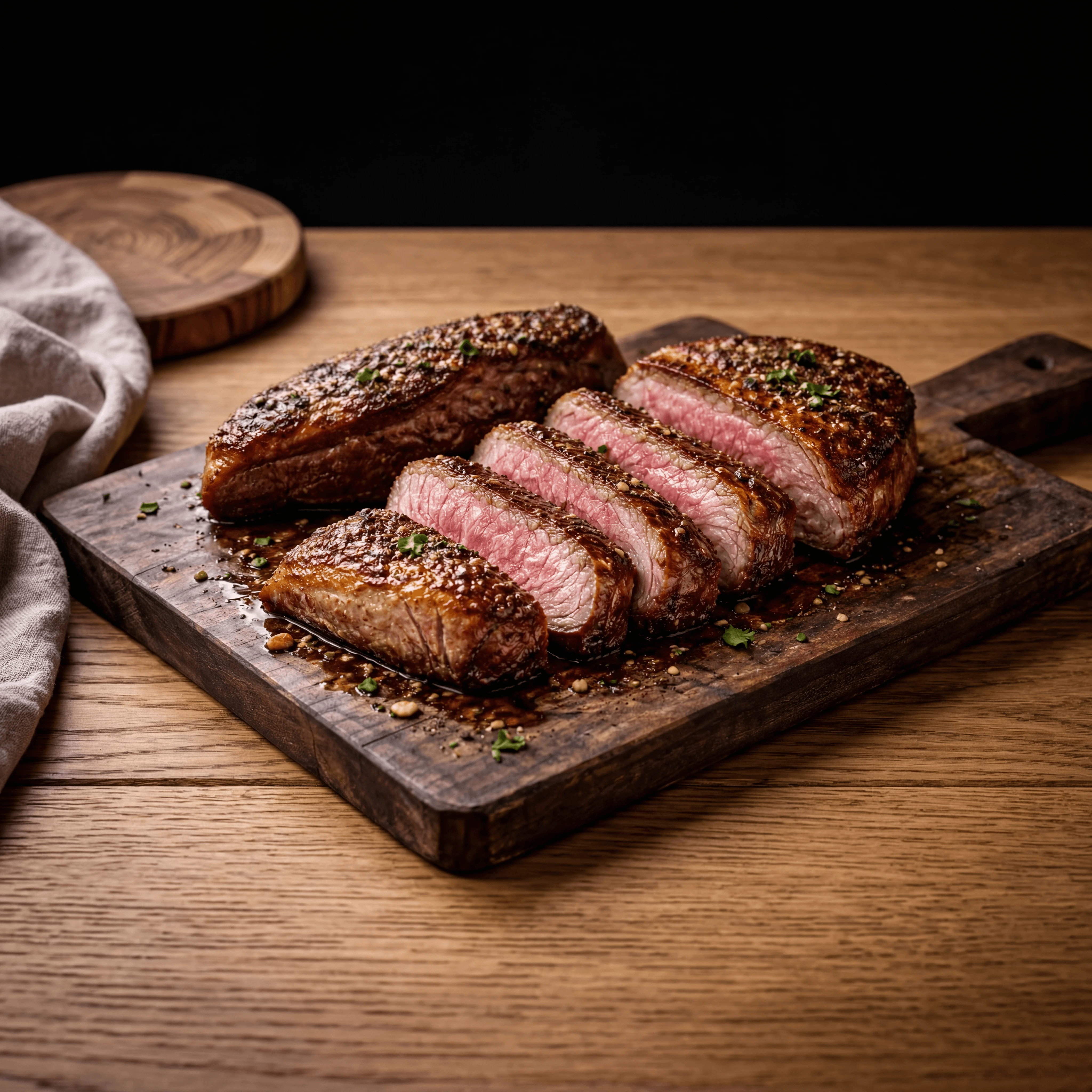 Sliced picanha cap fat medium rare macro board rock salt — iconic picanha FAQ sidebar photography