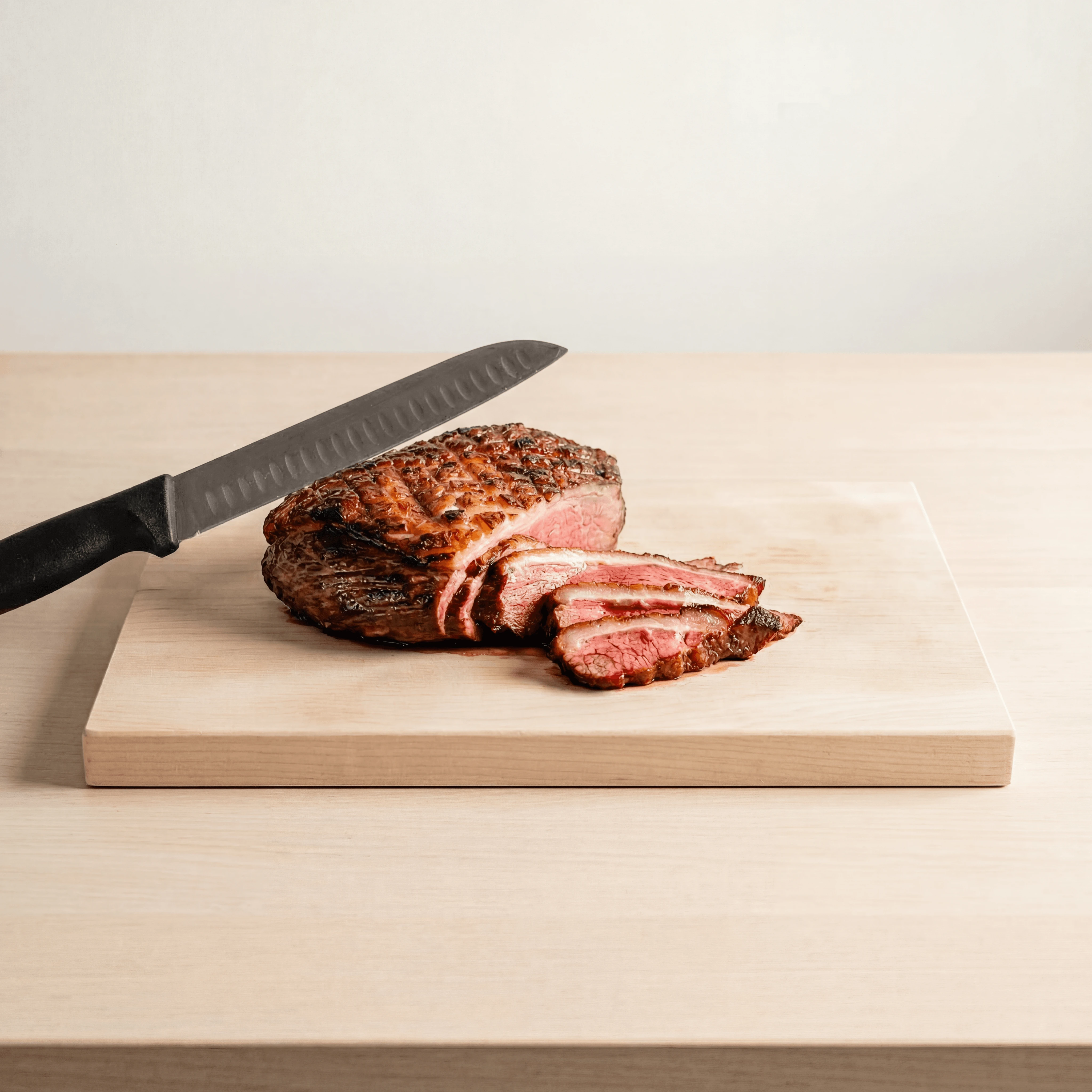 Sliced picanha top sirloin cap fat char board farofa — picanha churrasco hero photography