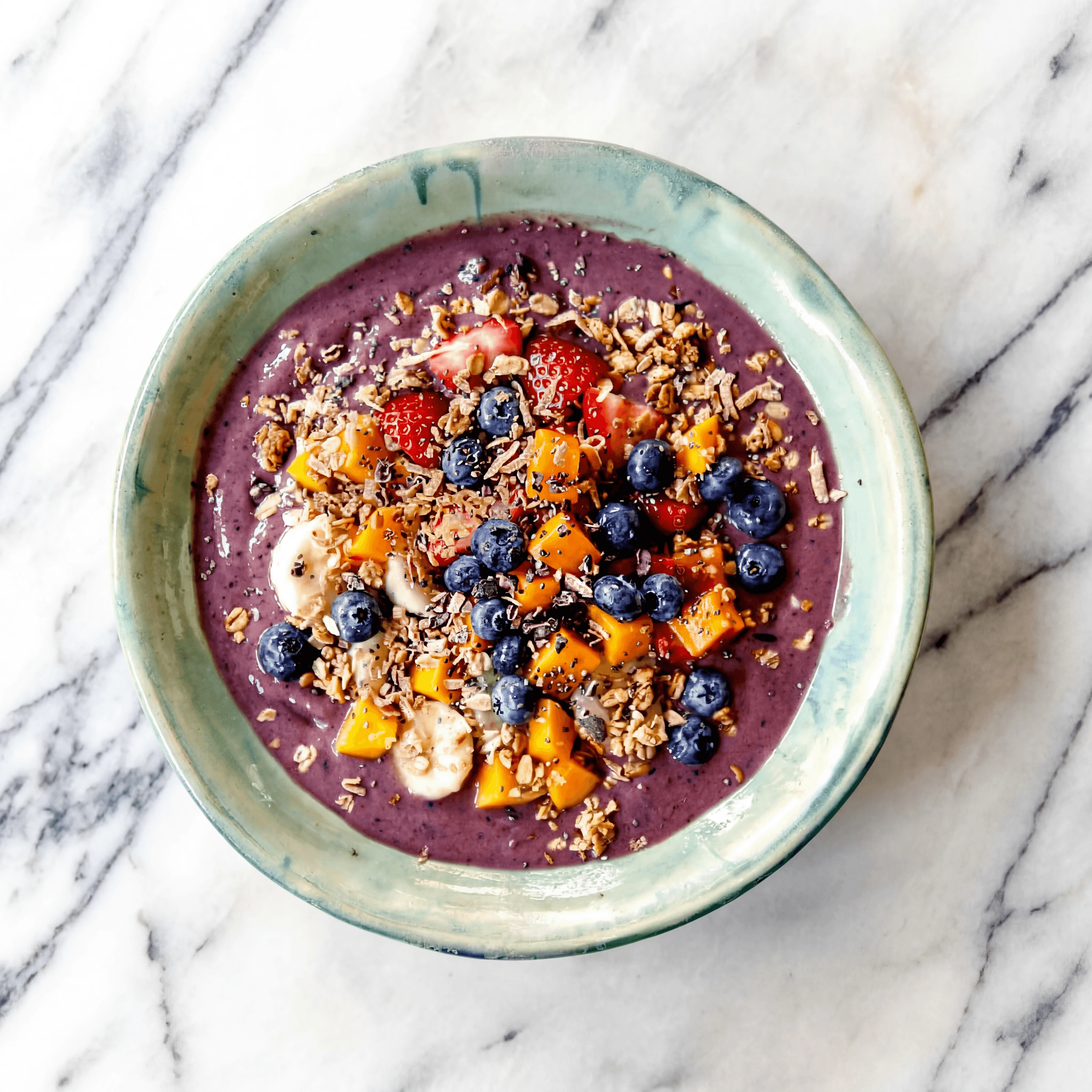 Acai bowl overhead banana granola strawberry honey purple marble — acai bowl hero photography