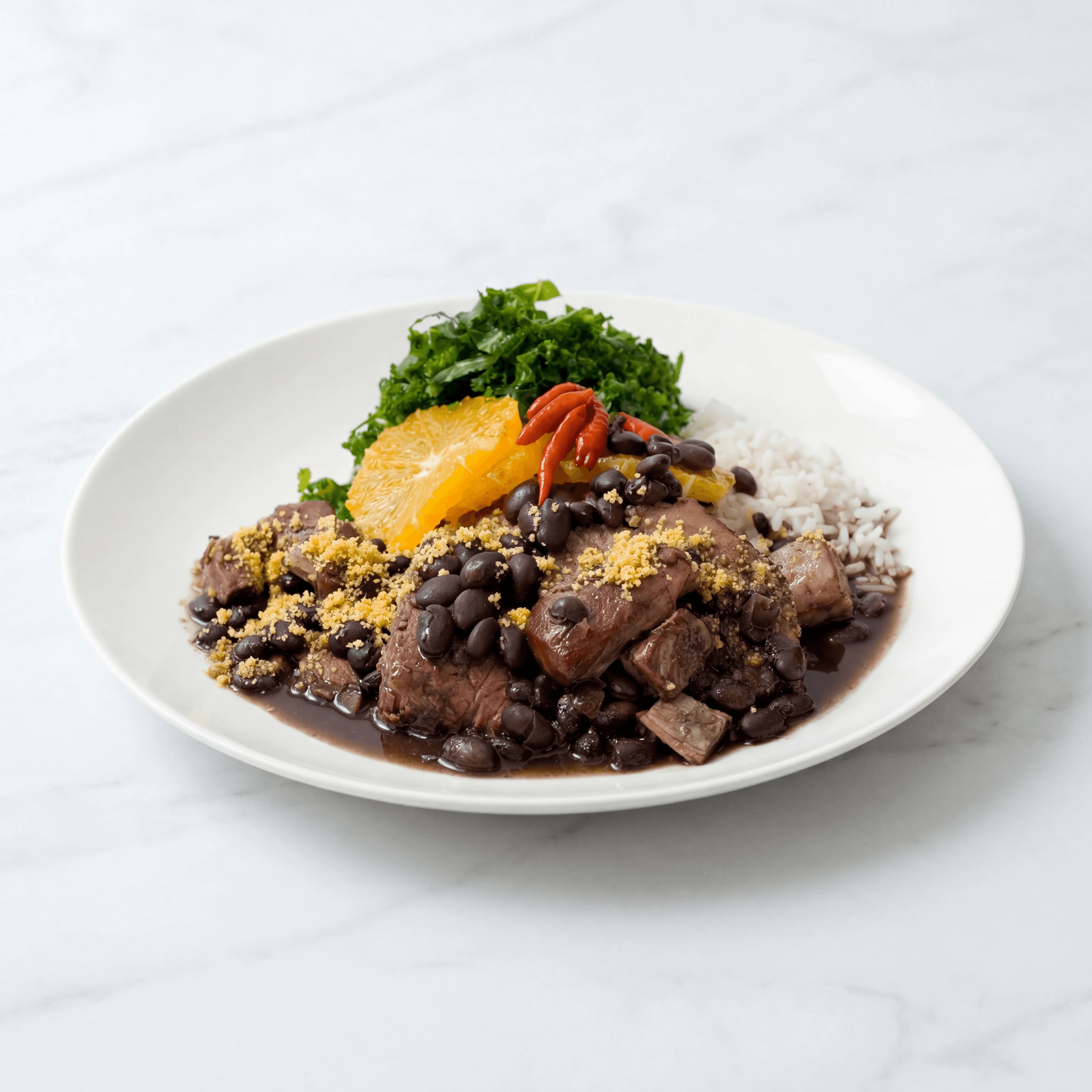 Feijoada black bean stew smoked meats orange rice farofa bowl — feijoada hero photography