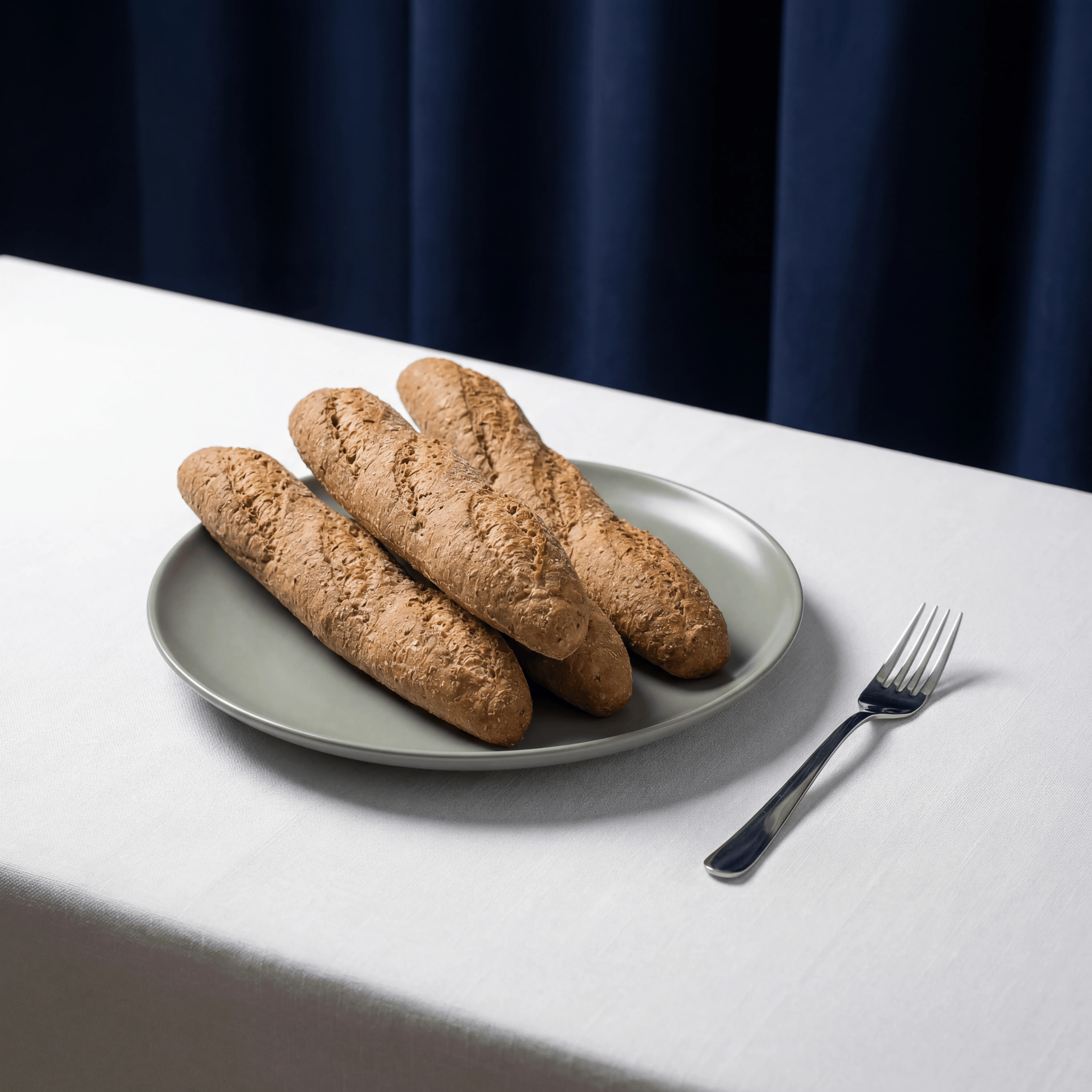 Francuskie tradycyjne bagietki w wysokim wiklinowym koszu na granatowym lnie — fotografia bagietek z boulangerie