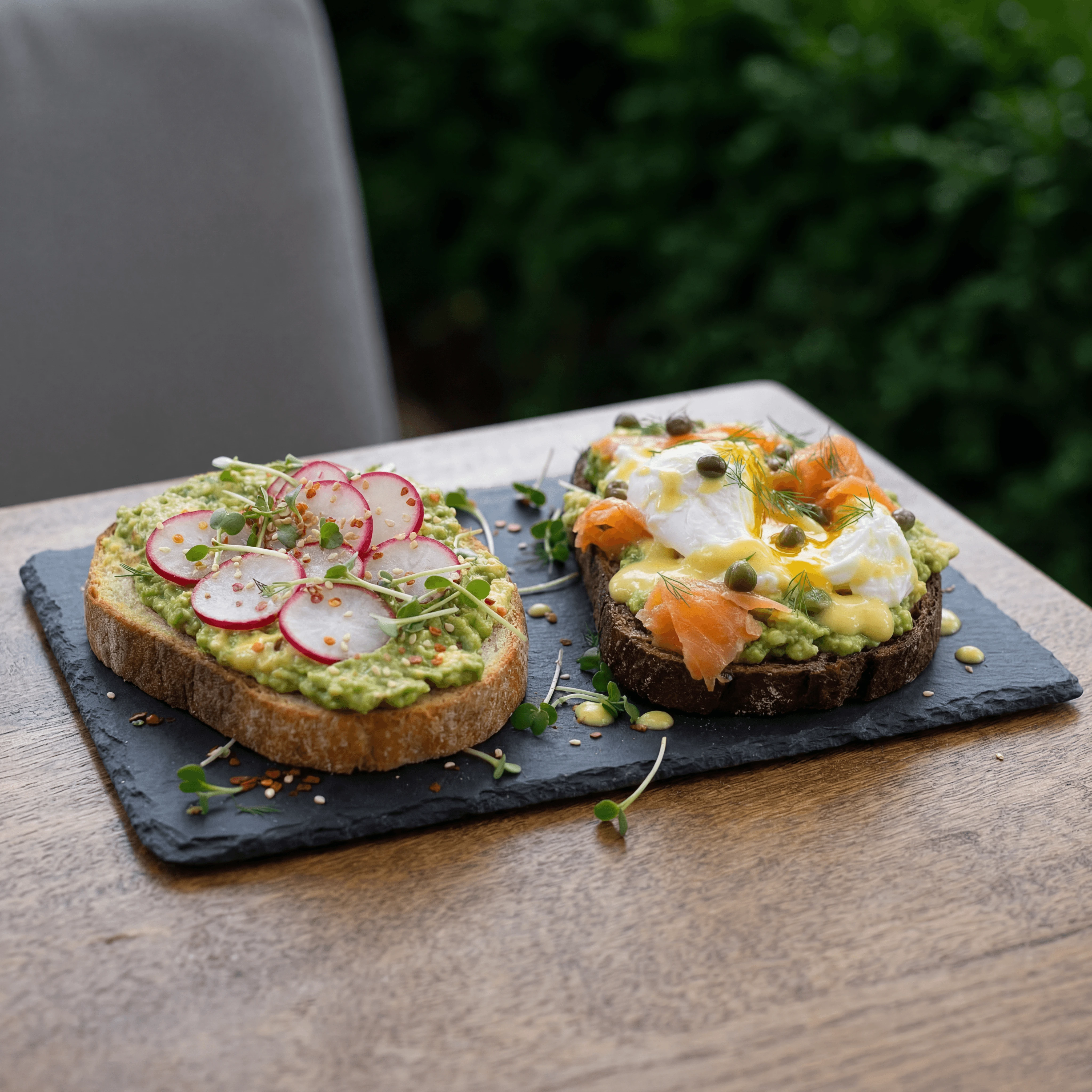 Two avocado toasts variations radish microgreens chili — avocado toast card photography