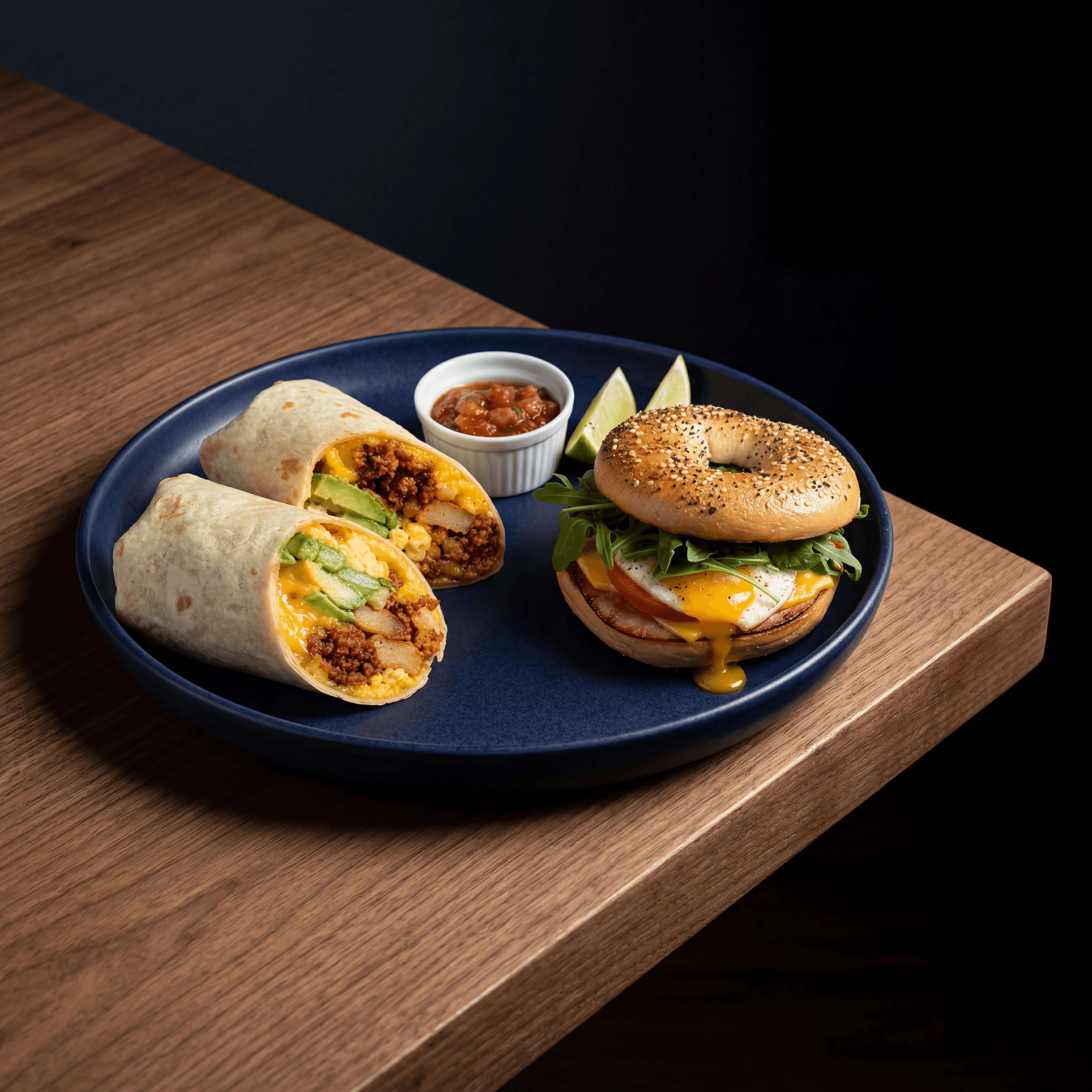 Breakfast burrito sliced bagel sandwich egg cheese dark walnut — breakfast burrito card photography