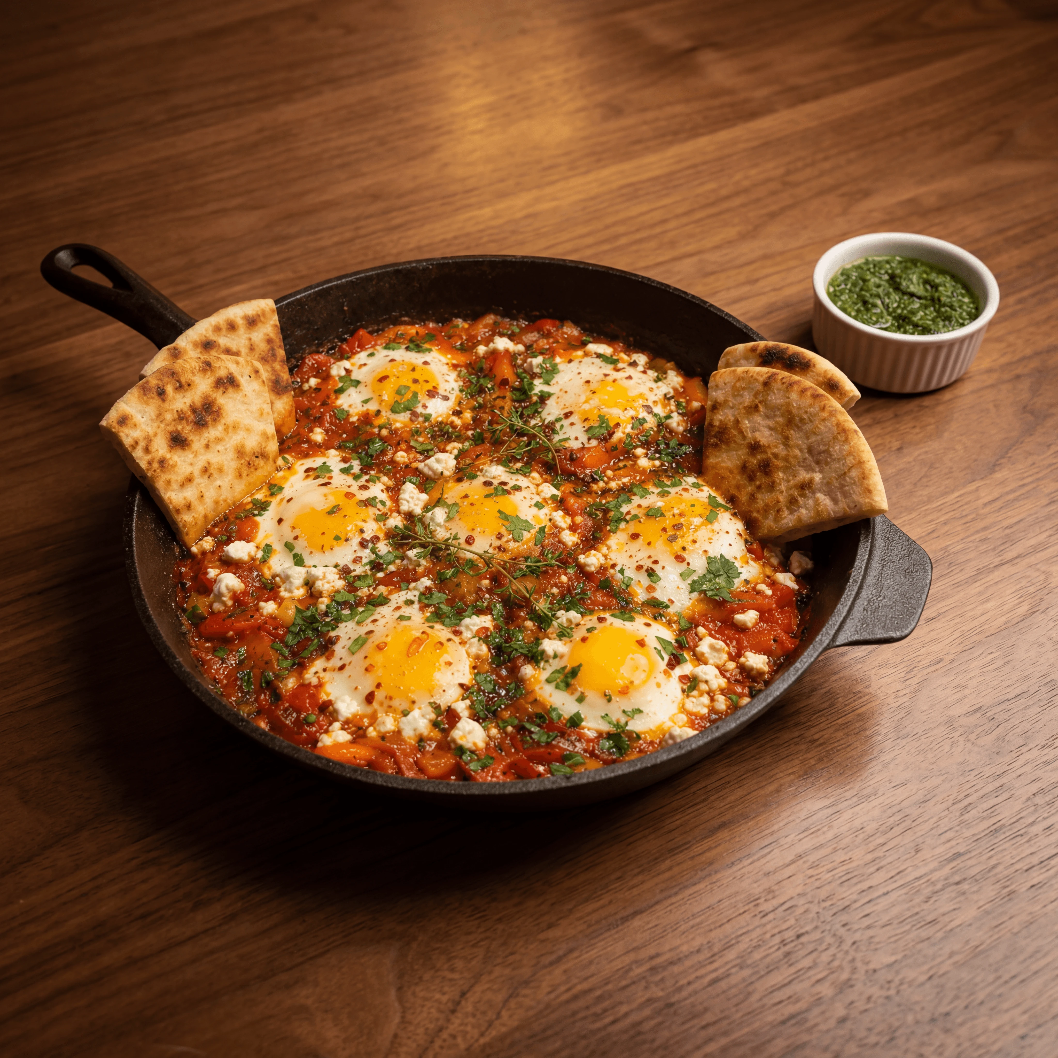 Shakshuka cast iron skillet feta parsley pita warm cantina — shakshuka card photography