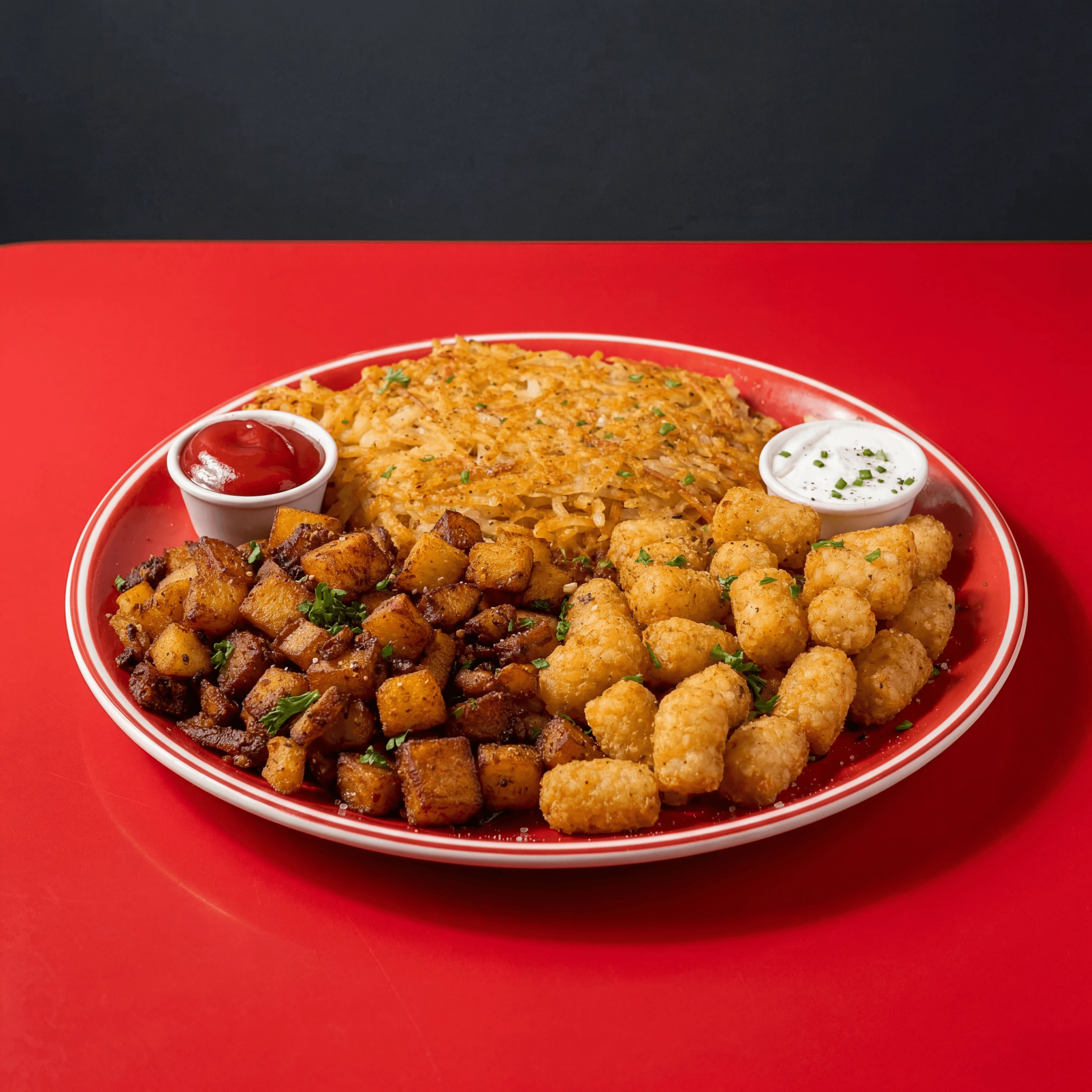 Crispy hash browns home fries diner basket red checkered breakfast sides — hash sides card photography
