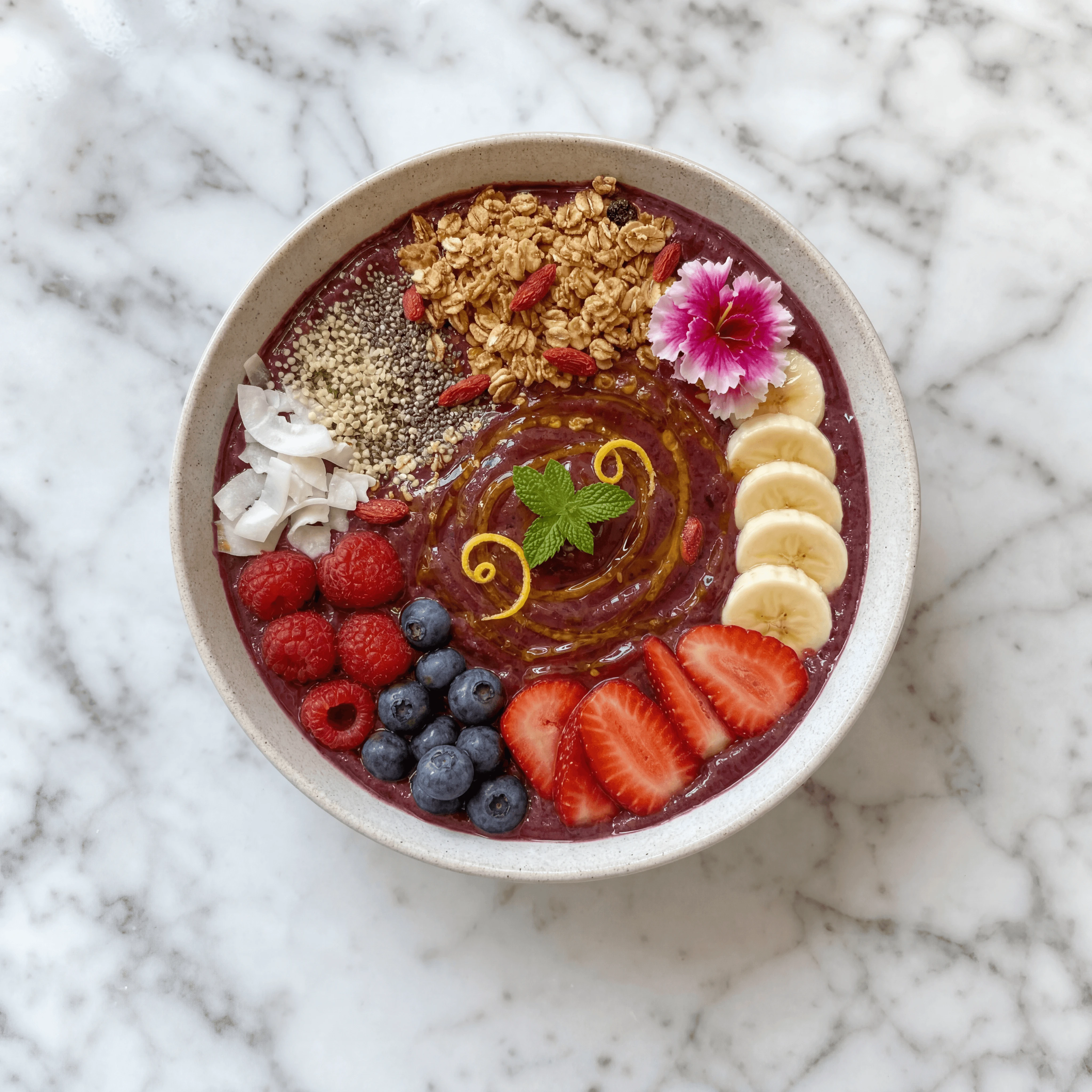 Acai smoothie bowl granola berries chia top down marble — smoothie bowl card photography