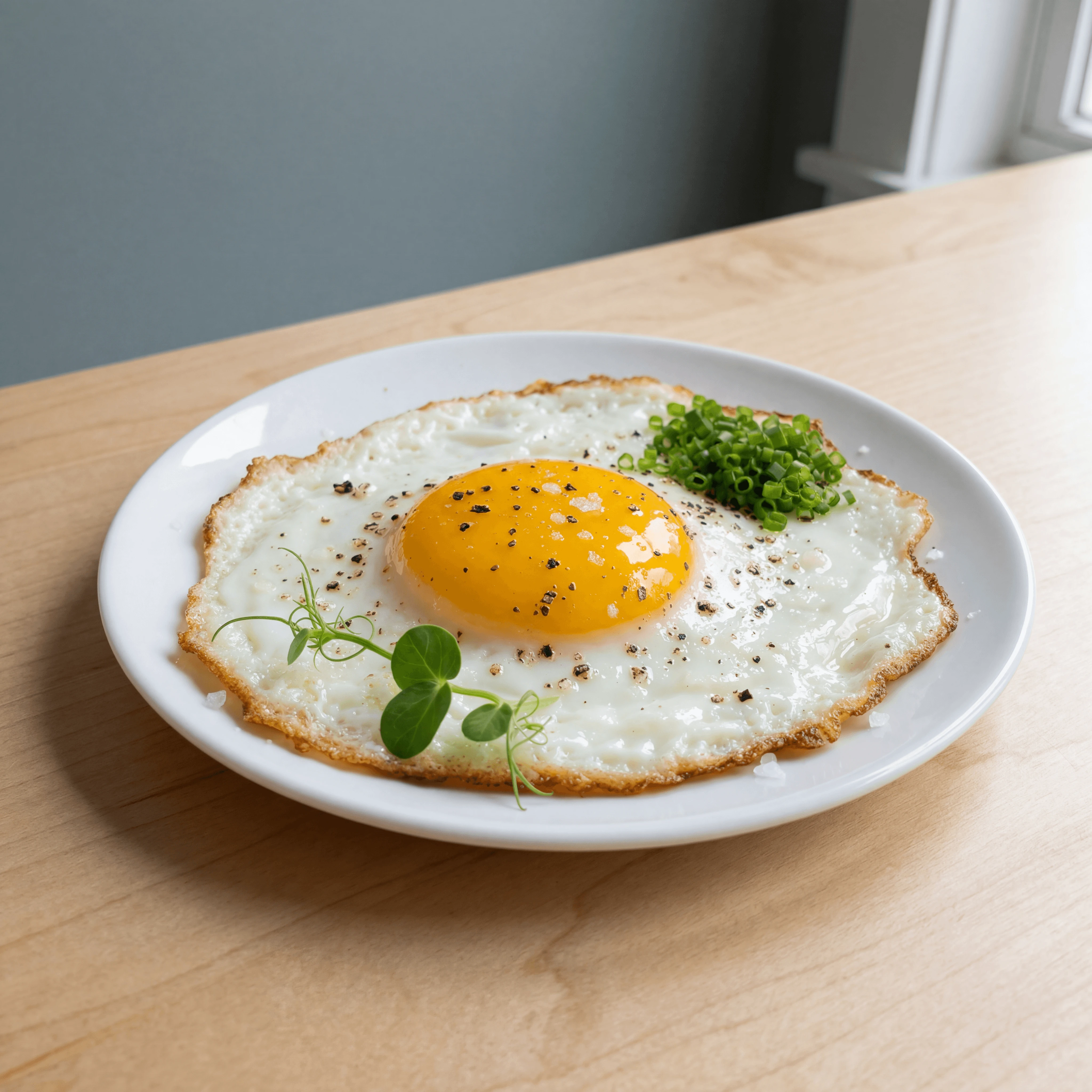 Single sunny side up egg golden runny yolk macro plate — iconic breakfast FAQ sidebar photography