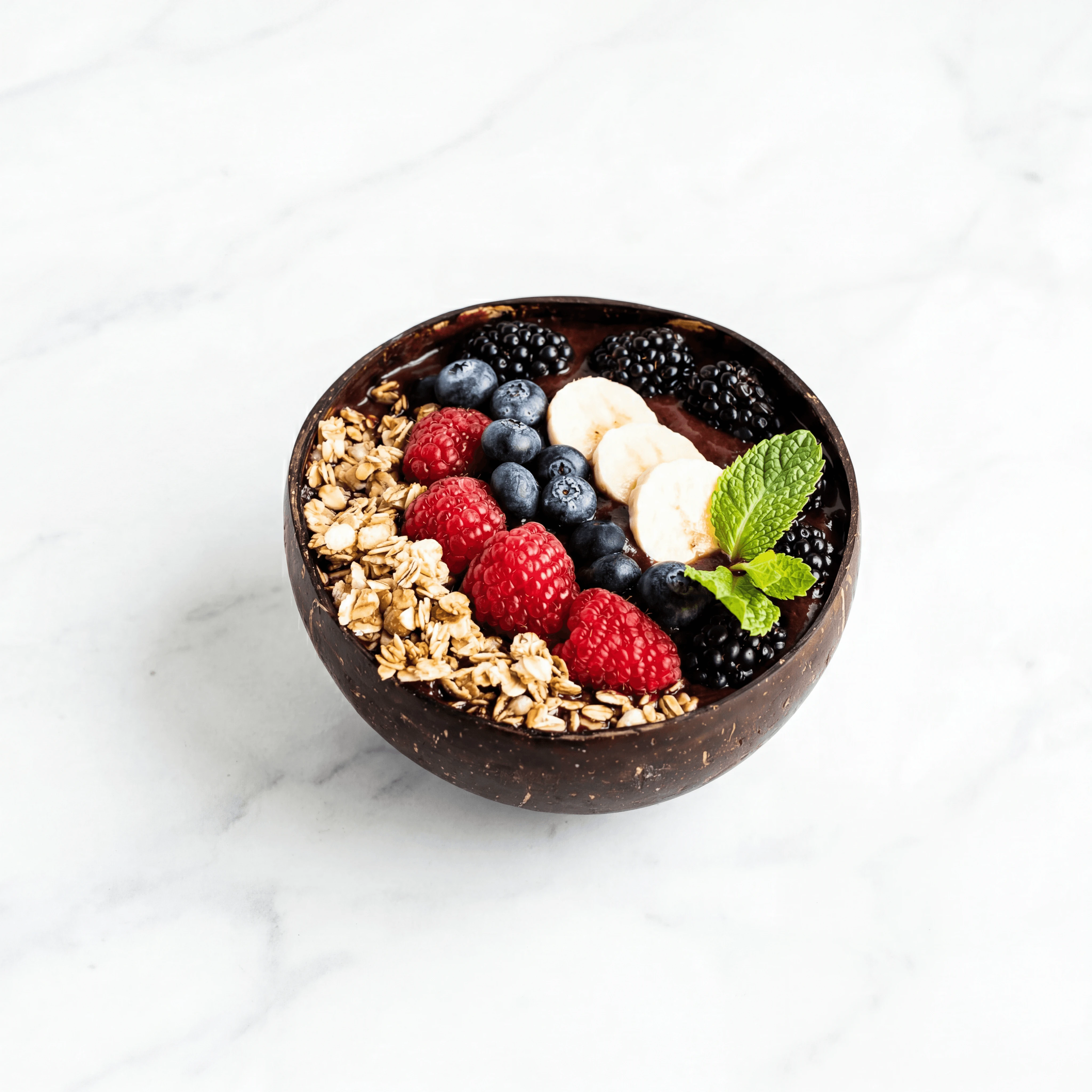 Acai smoothie bowl granola banana berries seeds — smoothie bowl hero photography