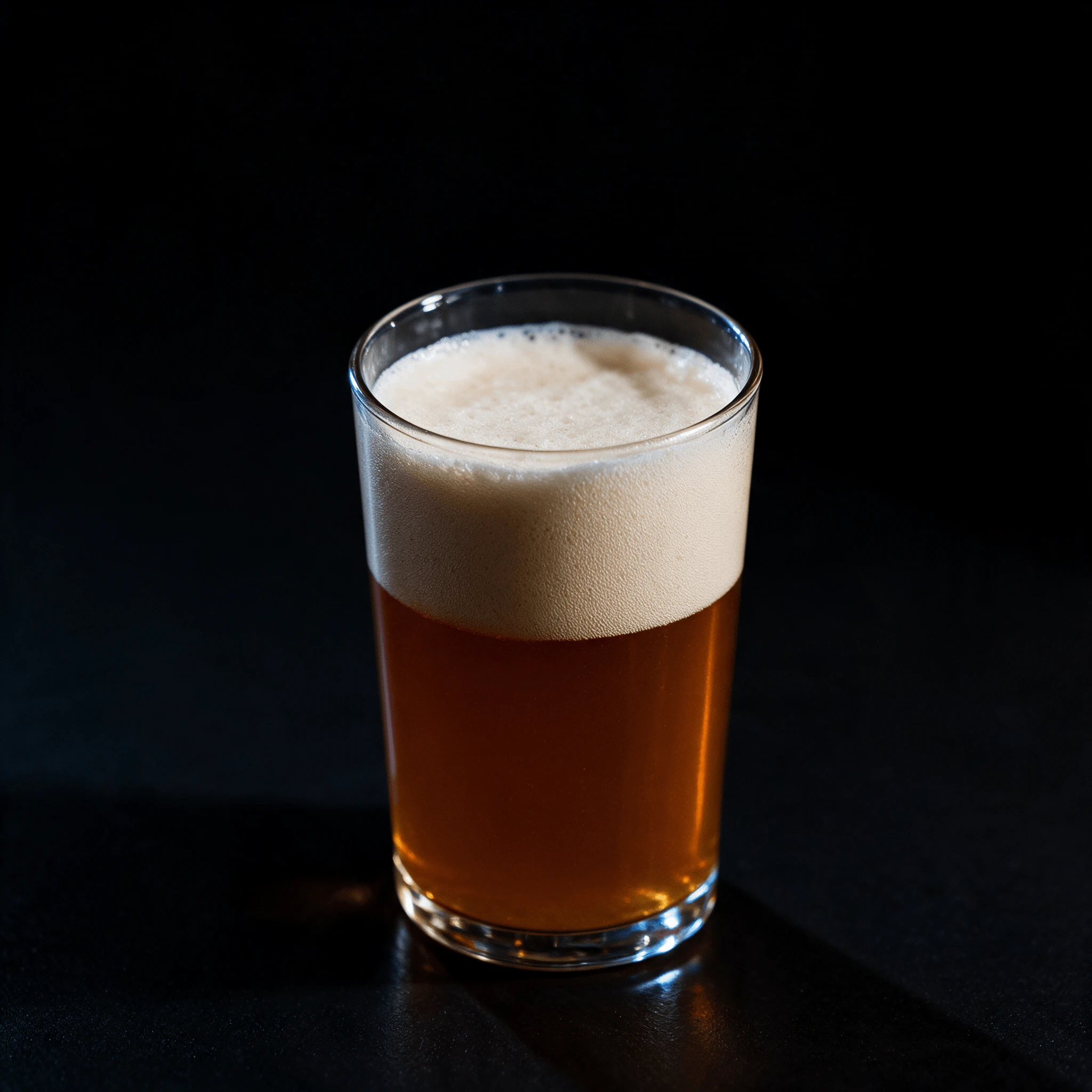Tall glass of amber craft ale with a thick white foam head and condensation on the glass, lit against a black background