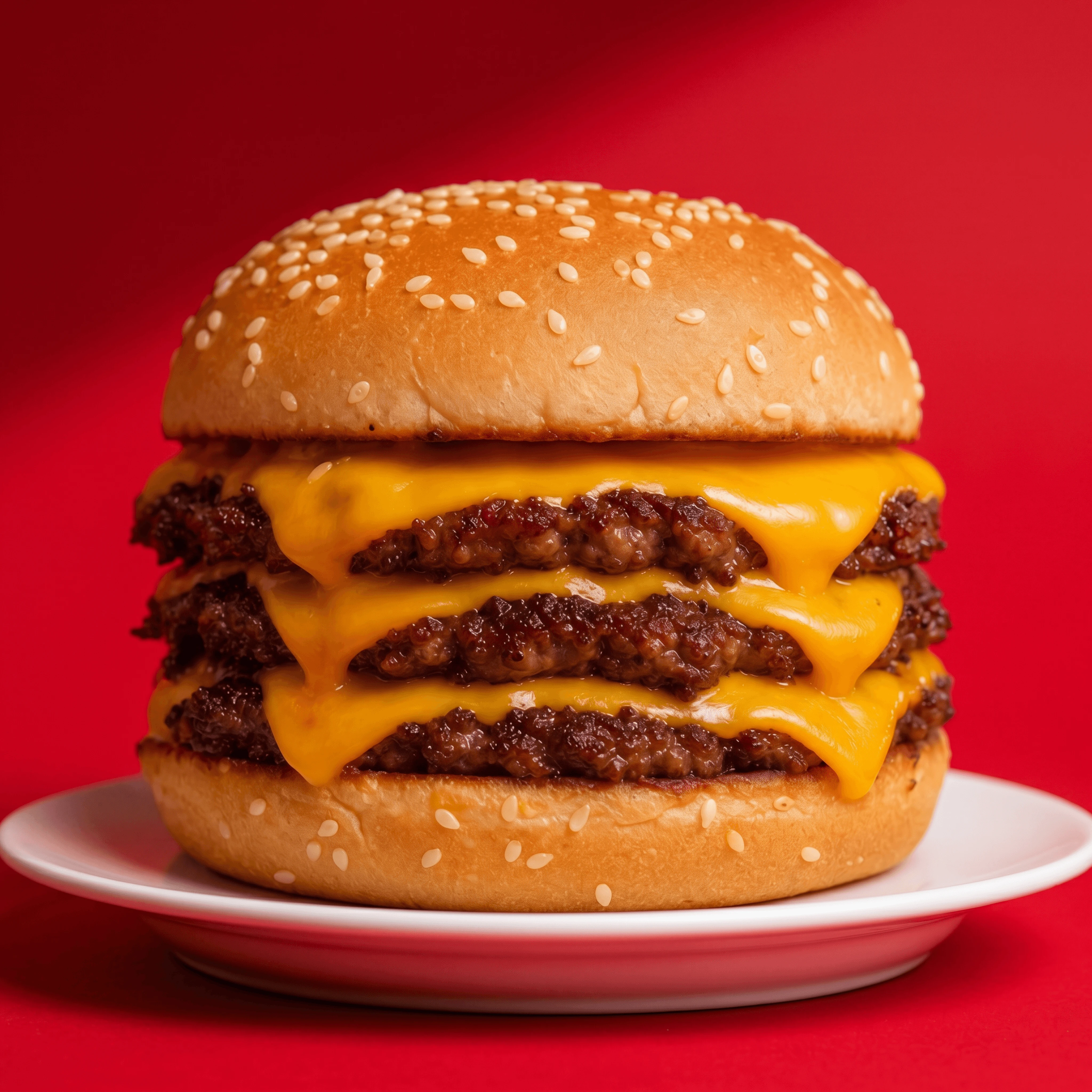 Triple stack burger three patties melted cheese bold red — double stack burger card photography