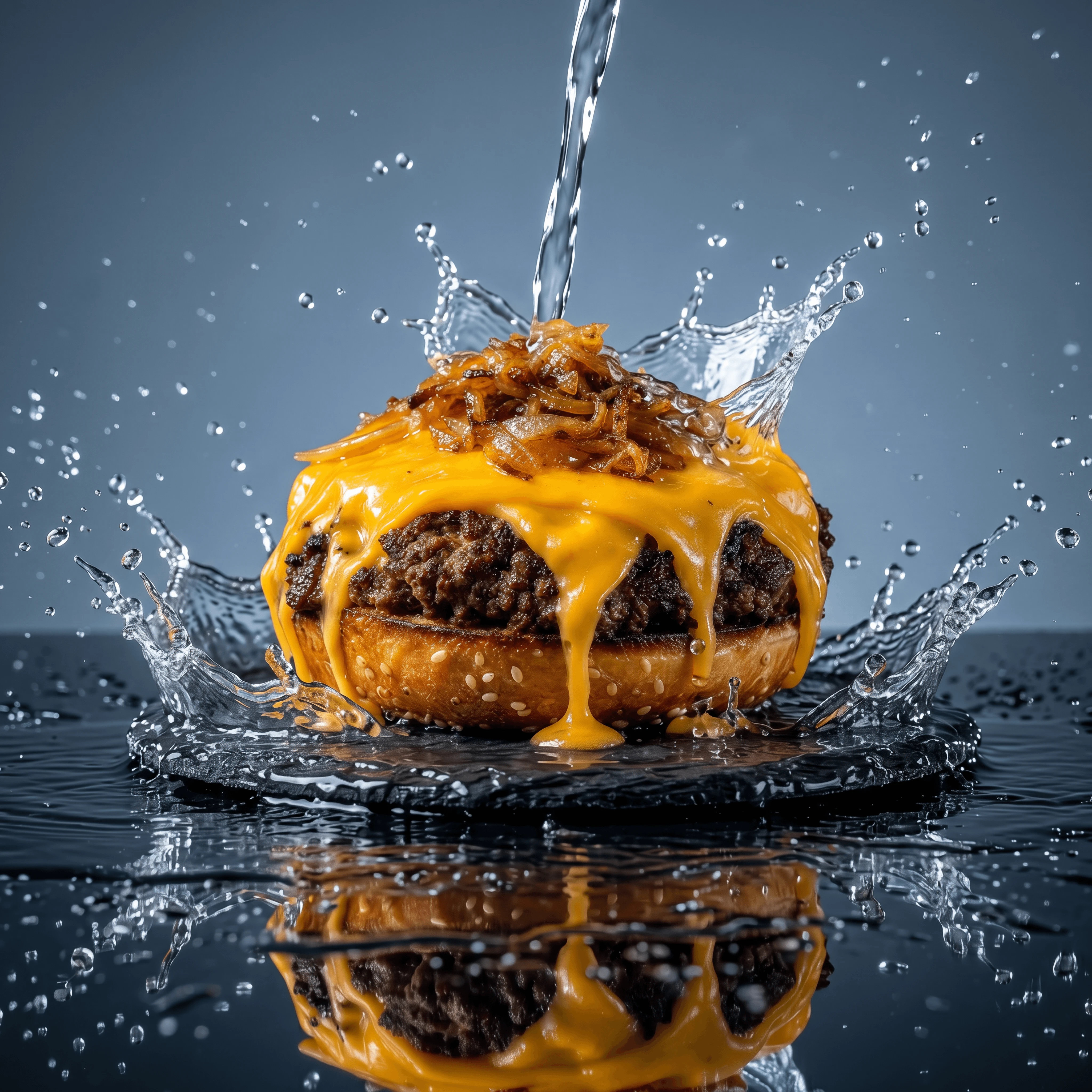 Open faced cheeseburger molten cheese cascade splash drama — cheese pull burger card photography