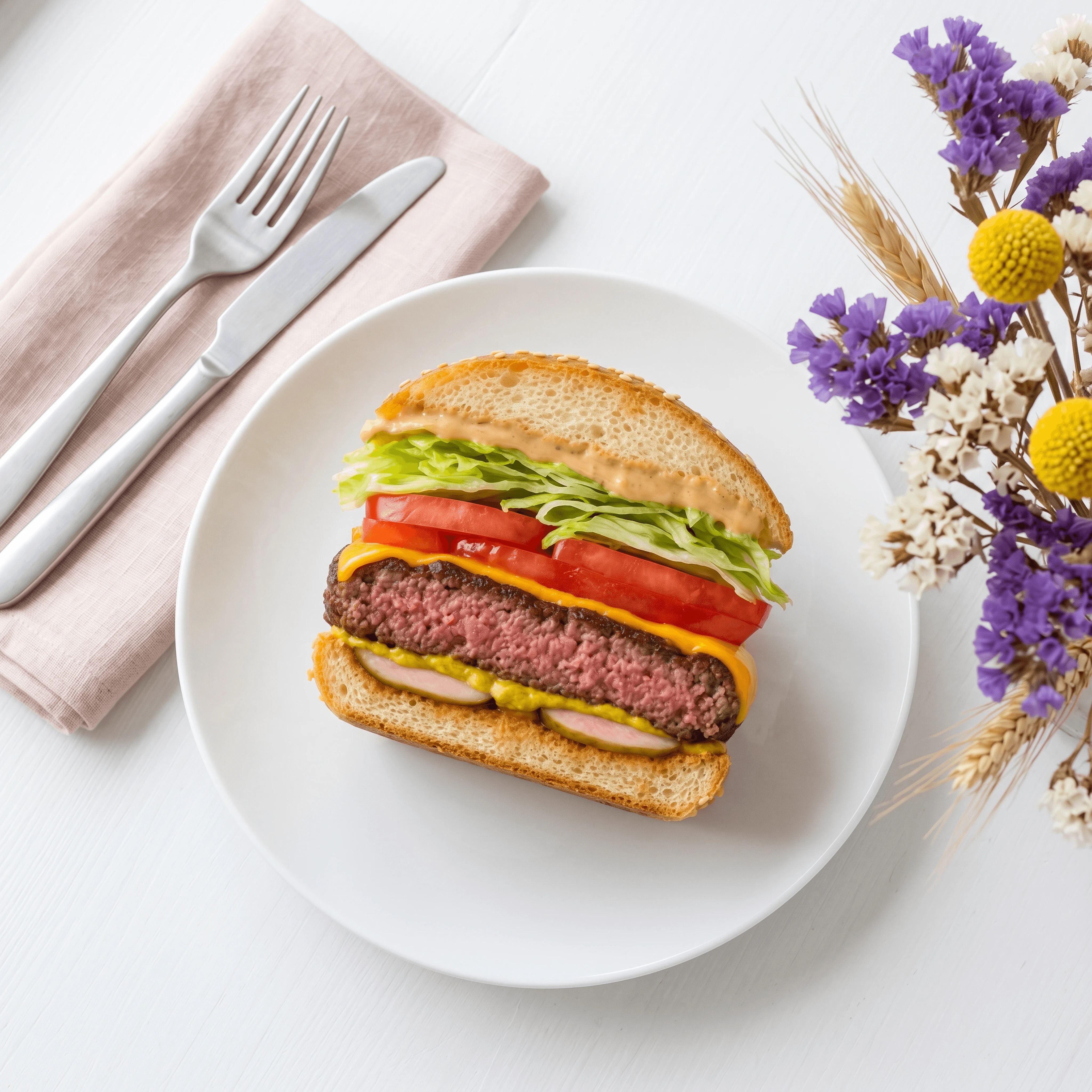 Burger cross section vertical cut layers visible bright clean — cross section card photography