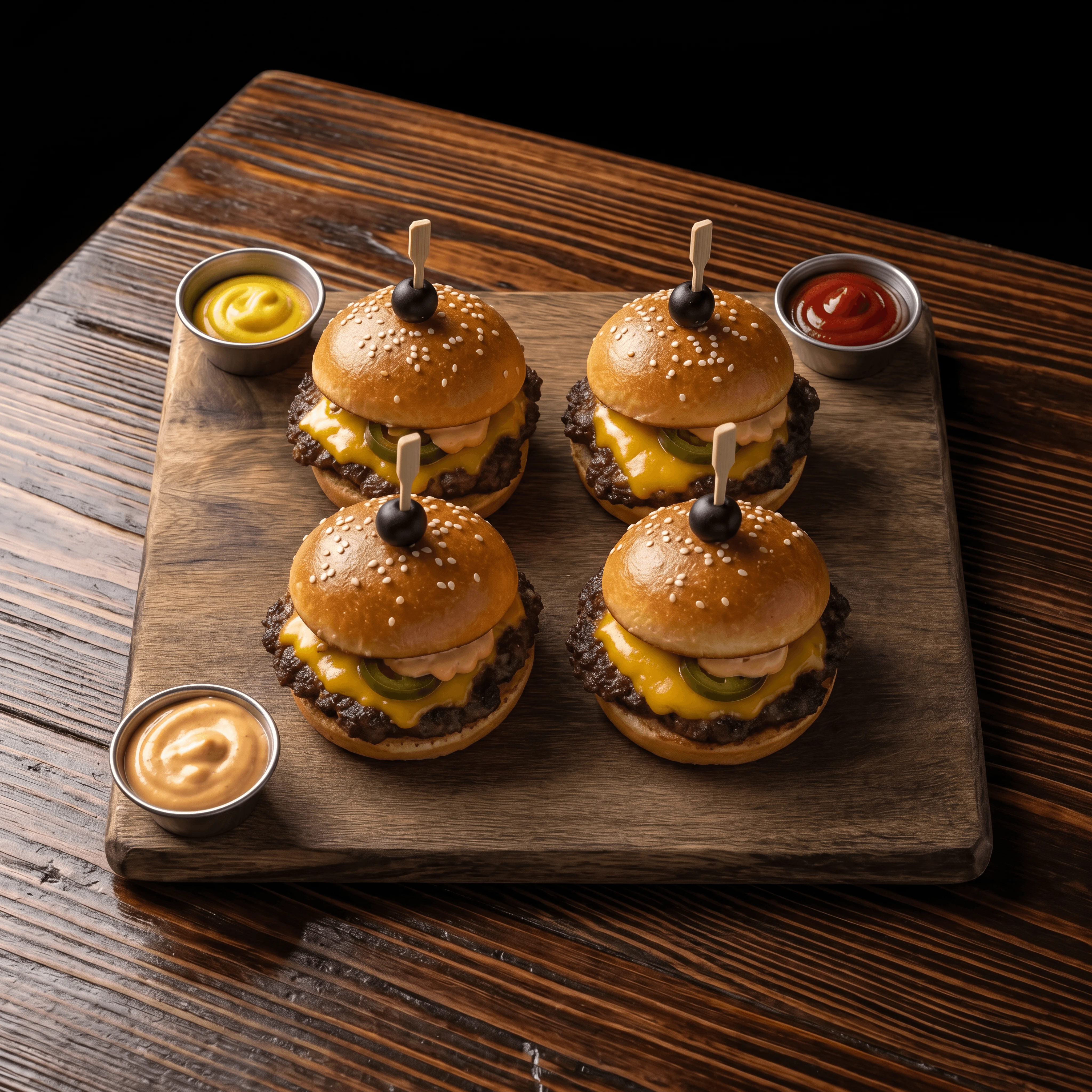 Four sliders mini burgers wooden board cocktail picks — slider set card photography