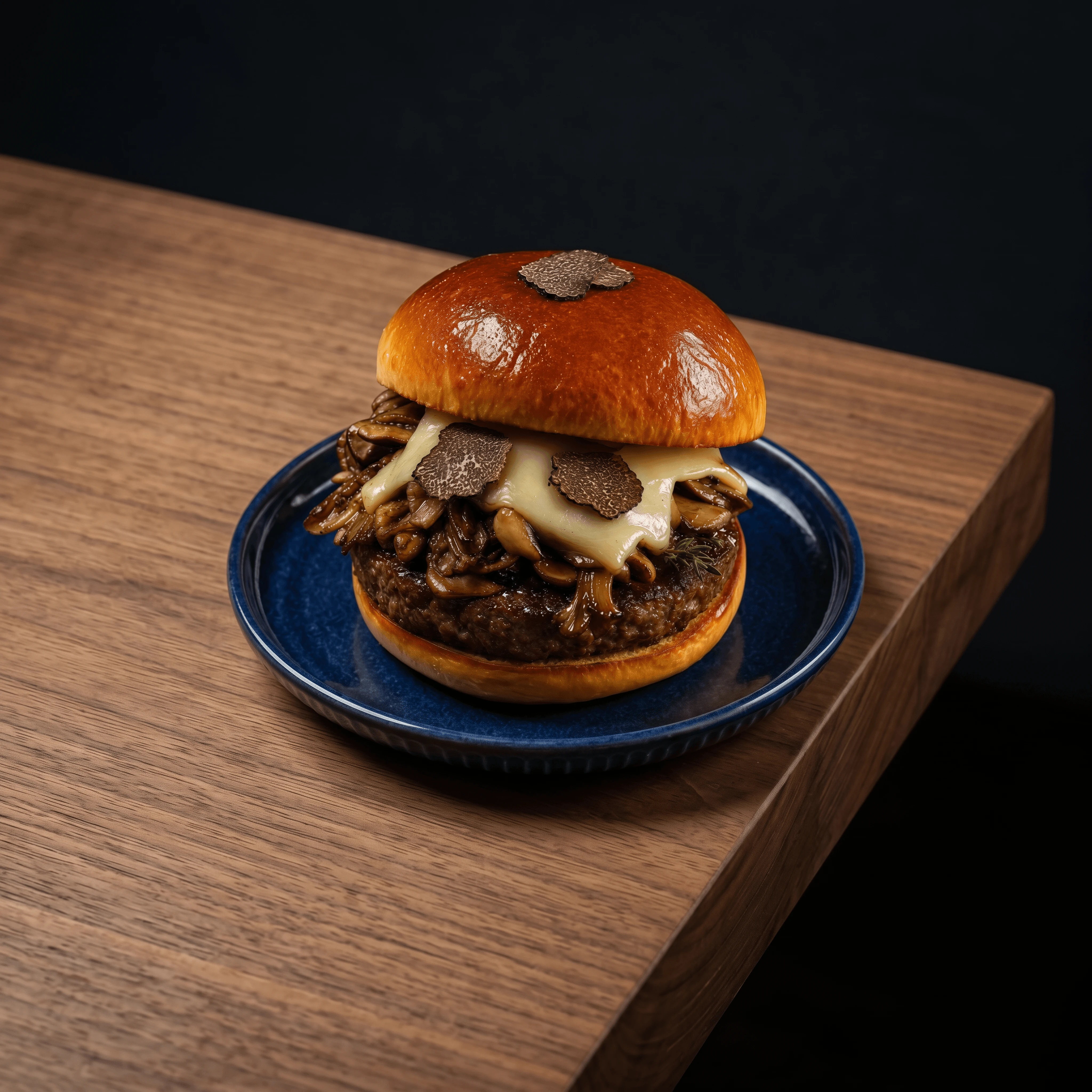 Mushroom Swiss burger truffle dark walnut moody — gourmet burger card photography