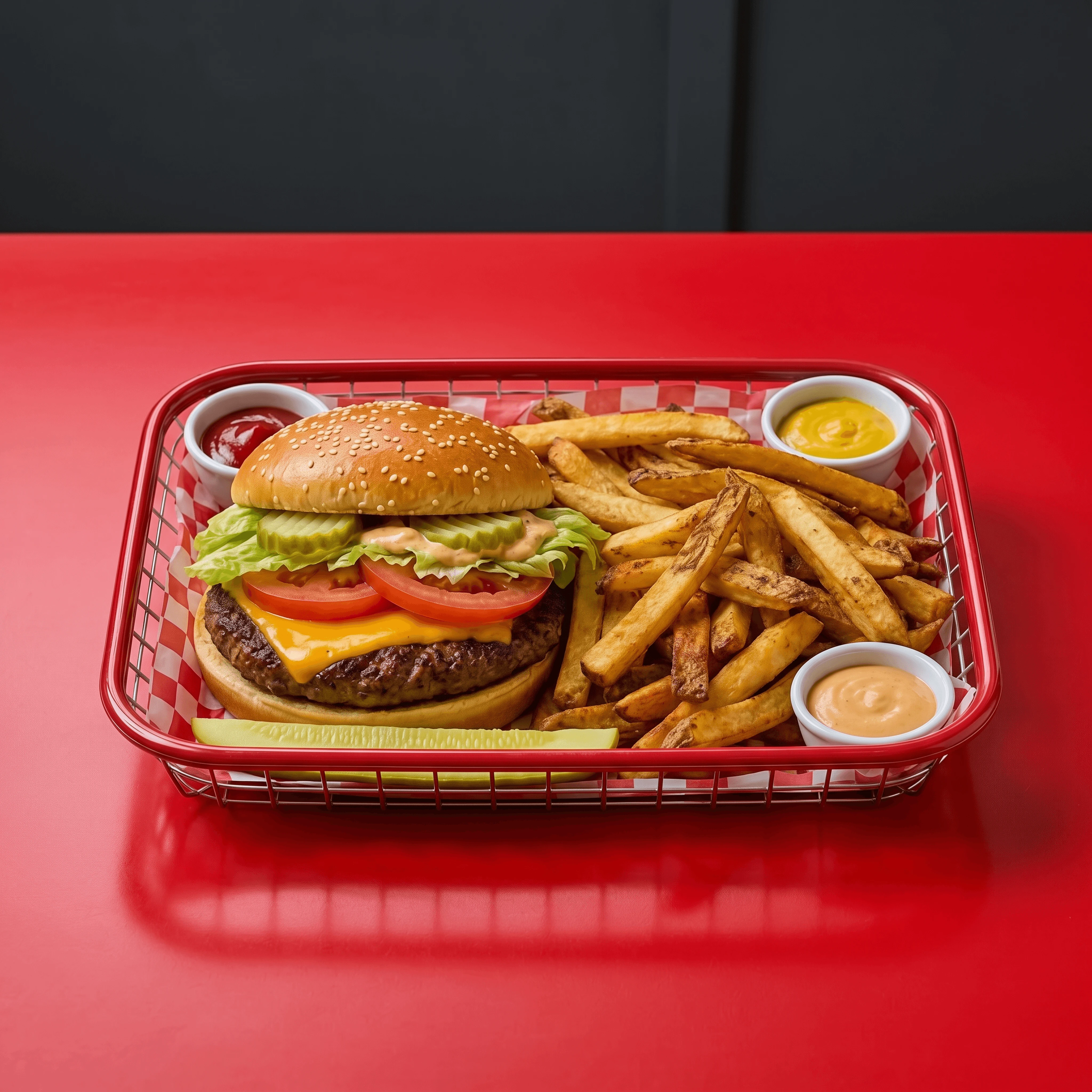 Diner basket cheeseburger fries red checkered paper retro — burger fries combo card photography