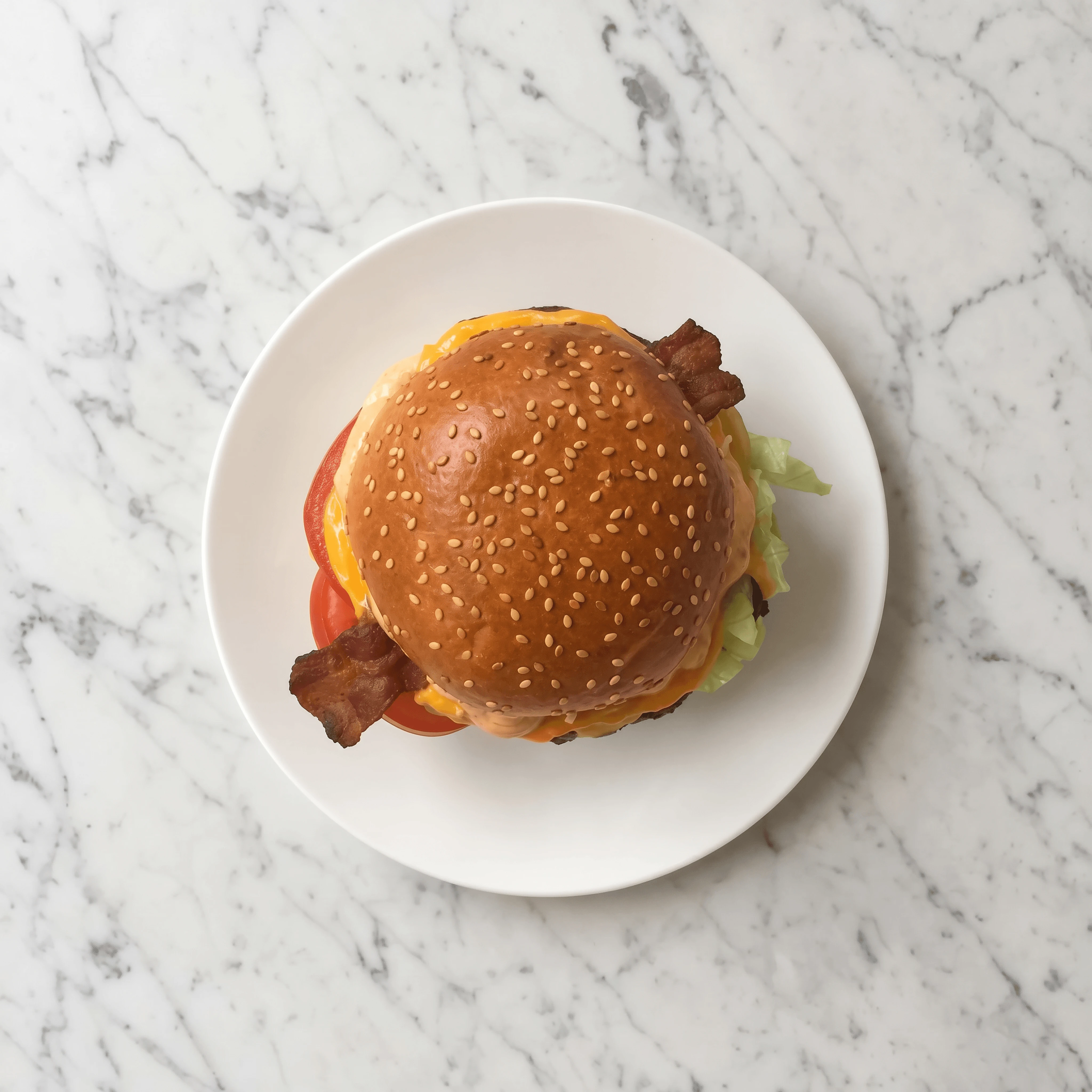 Single classic cheeseburger overhead marble top down sesame bun — iconic burger FAQ sidebar photography