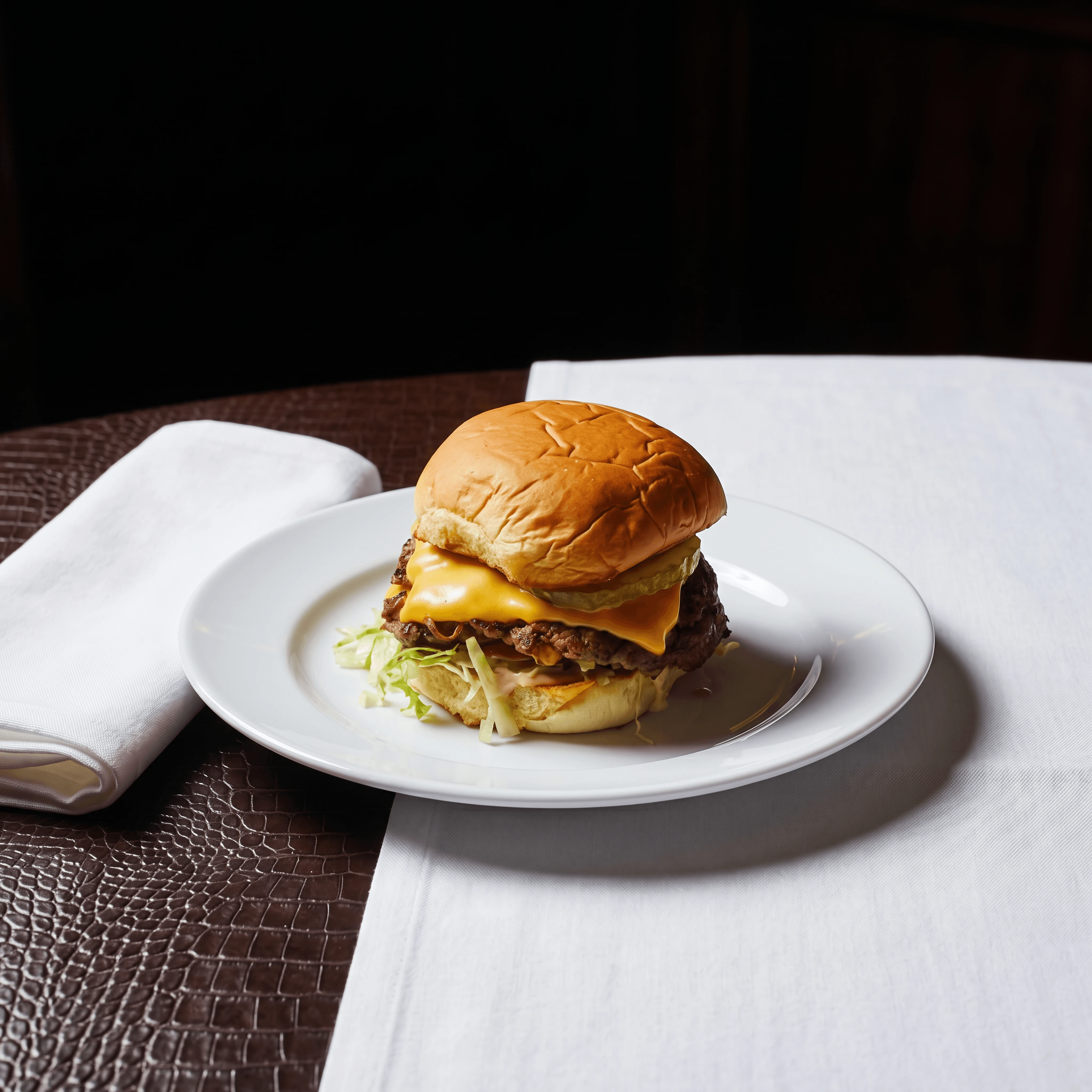 Double-double cheeseburger paper tray spread grilled onion — West Coast burger hero photography
