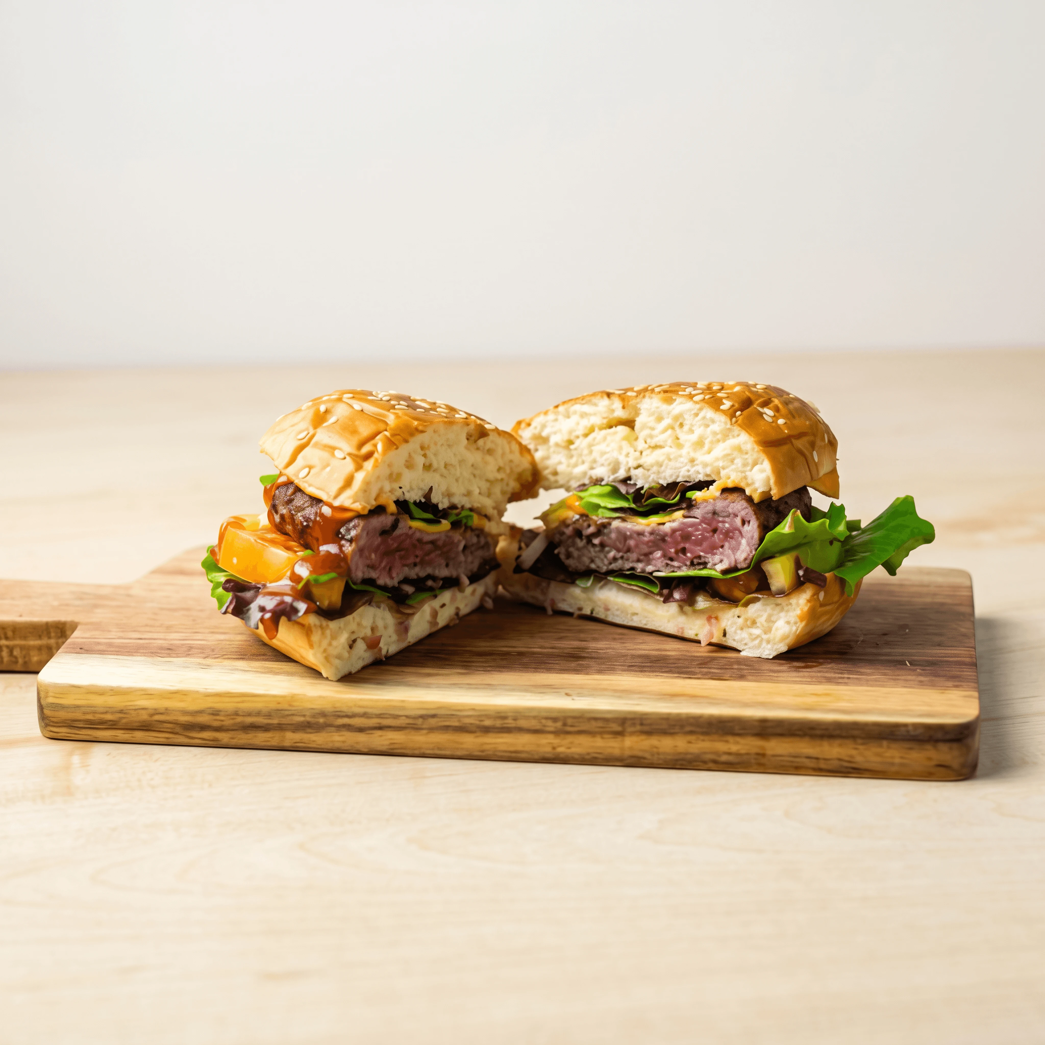 Smash burger cross section sliced wooden board layers visible — burger cross section hero photography