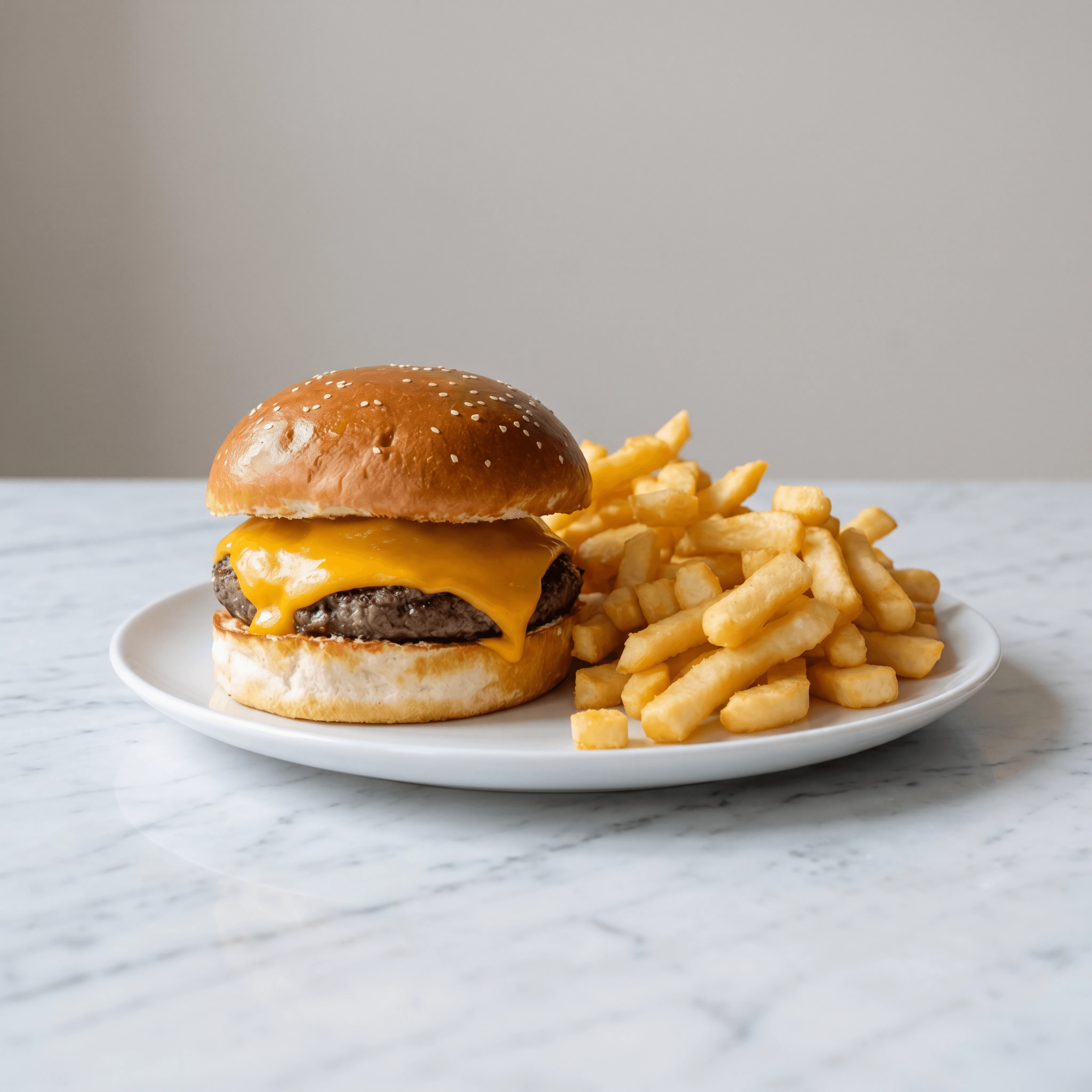 Cheeseburger crinkle cut fries diner plate combo — burger fries combo hero photography