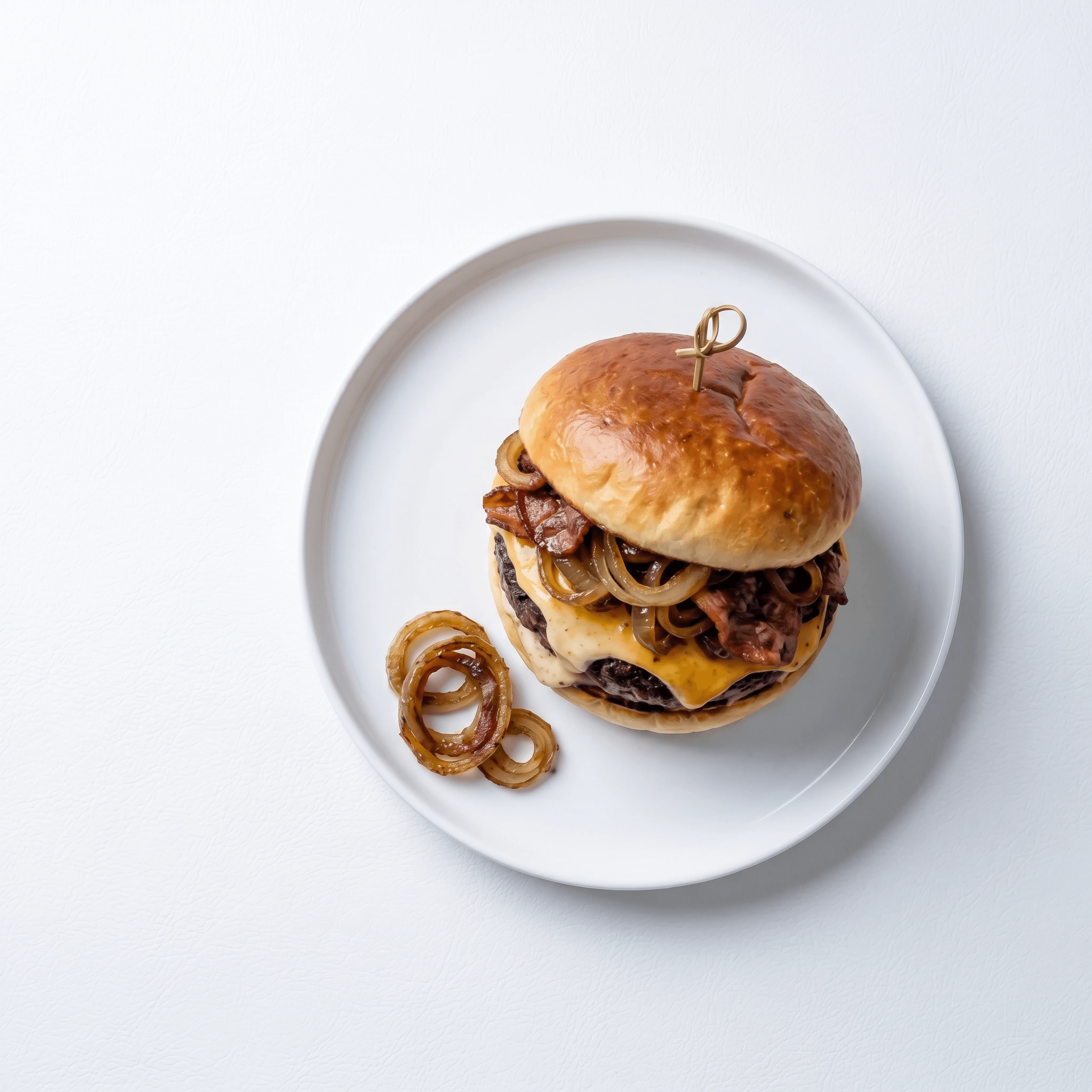 Bacon cheddar smash burger white plate single — gourmet smash burger hero photography