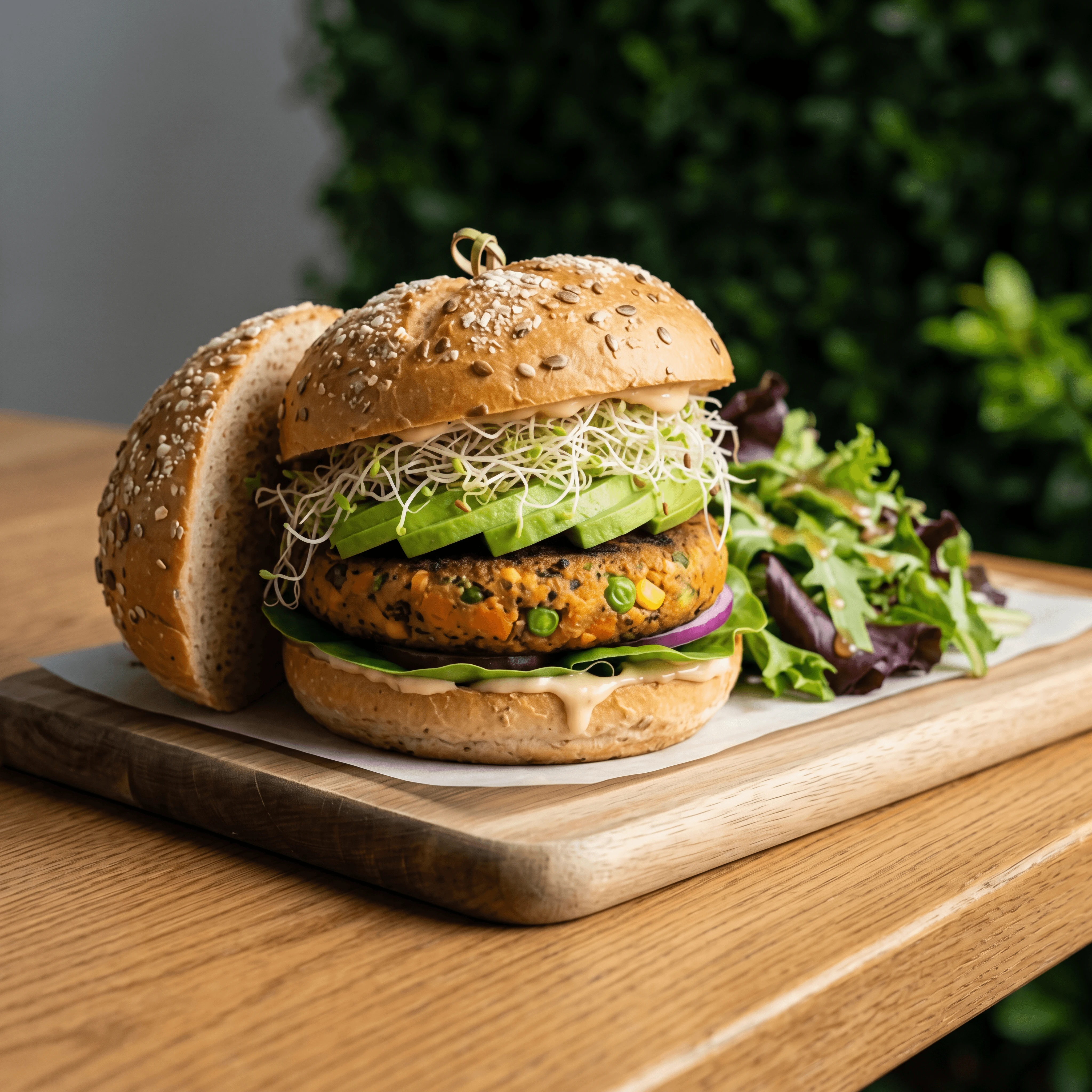 Plant based vegan burger garden plate avocado lettuce — vegan burger hero photography