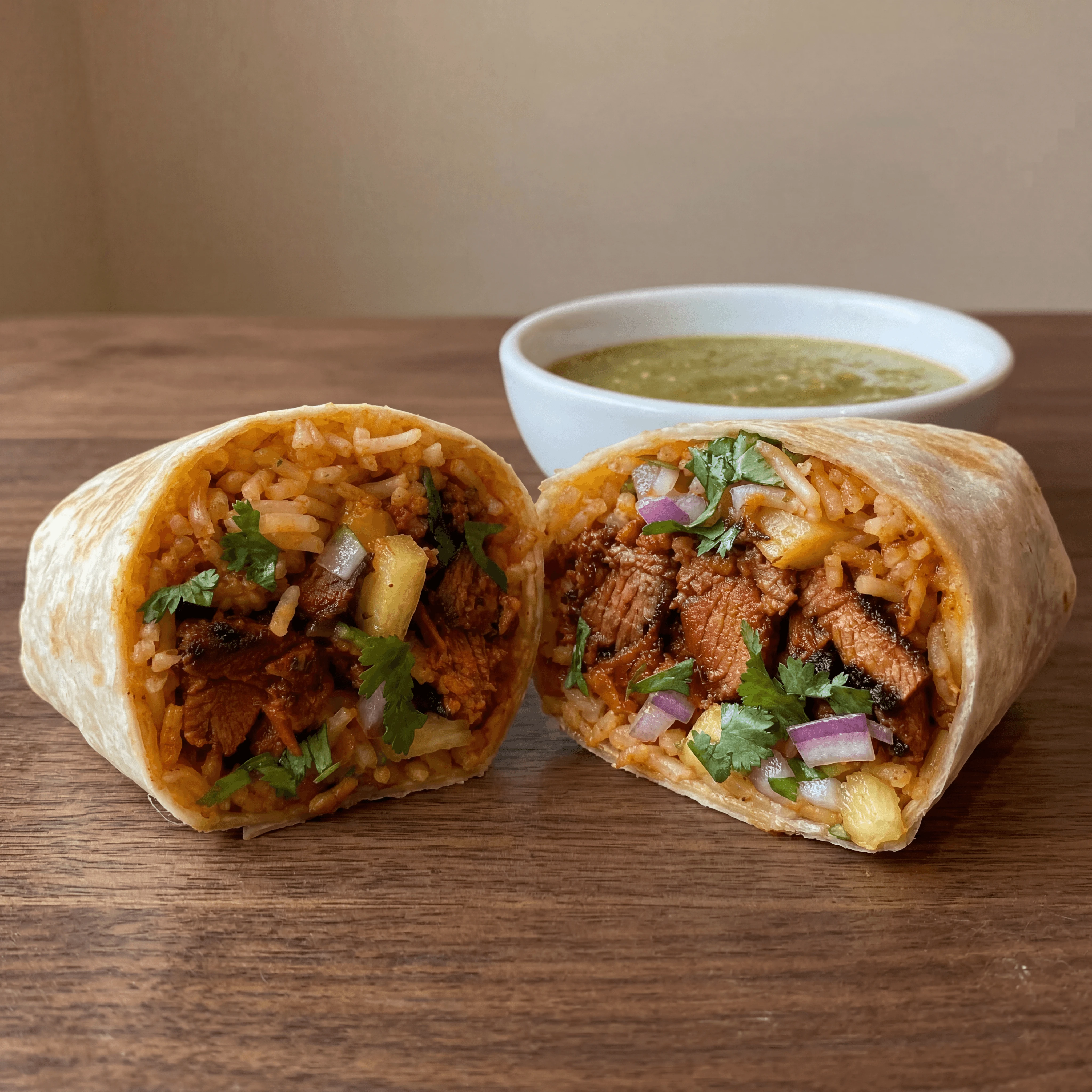 Bisected al pastor burrito cross section pineapple pork — burrito cross section card photography