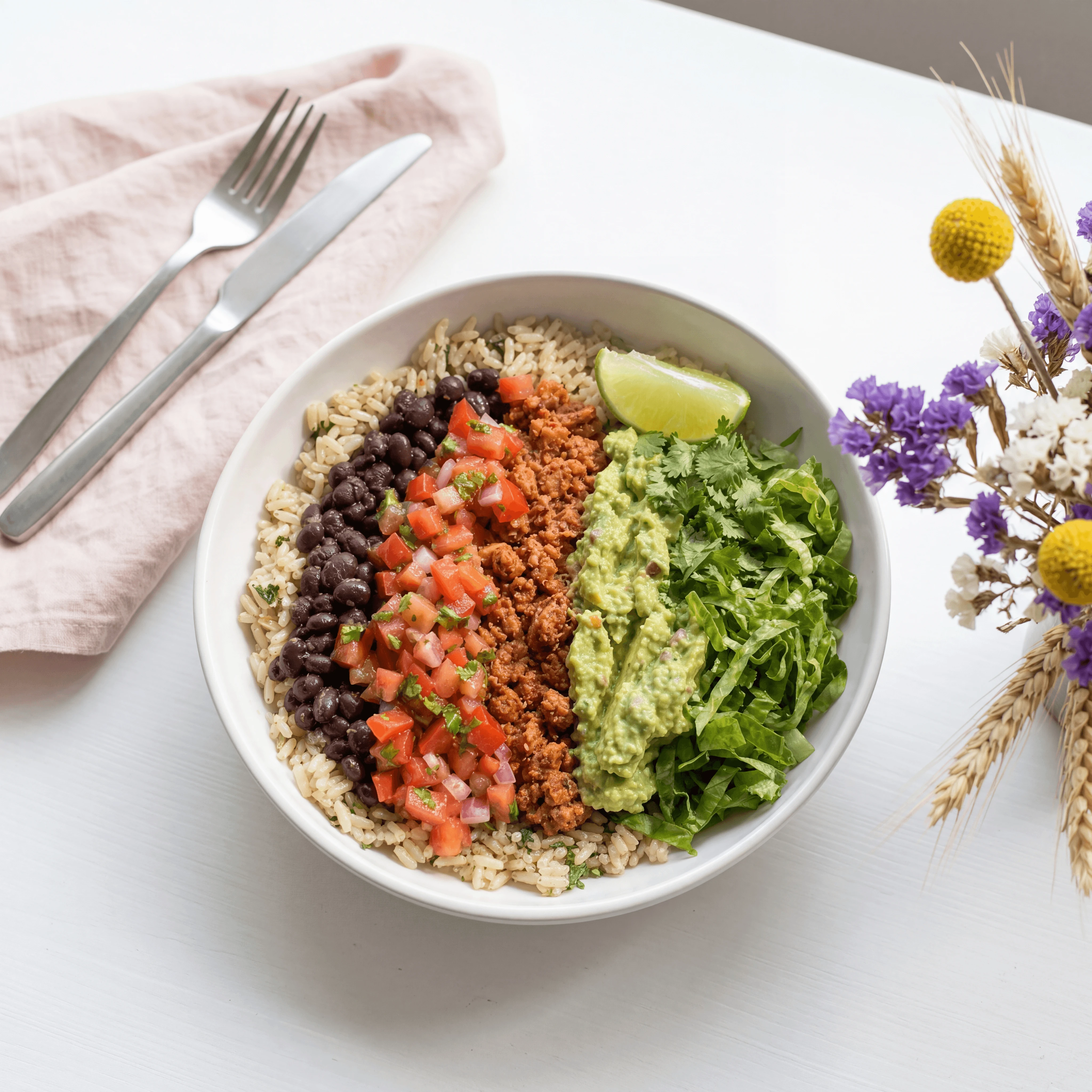 Burrito bowl cilantro lime rice sofritas tofu black beans — vegan Mexican fast casual card photography