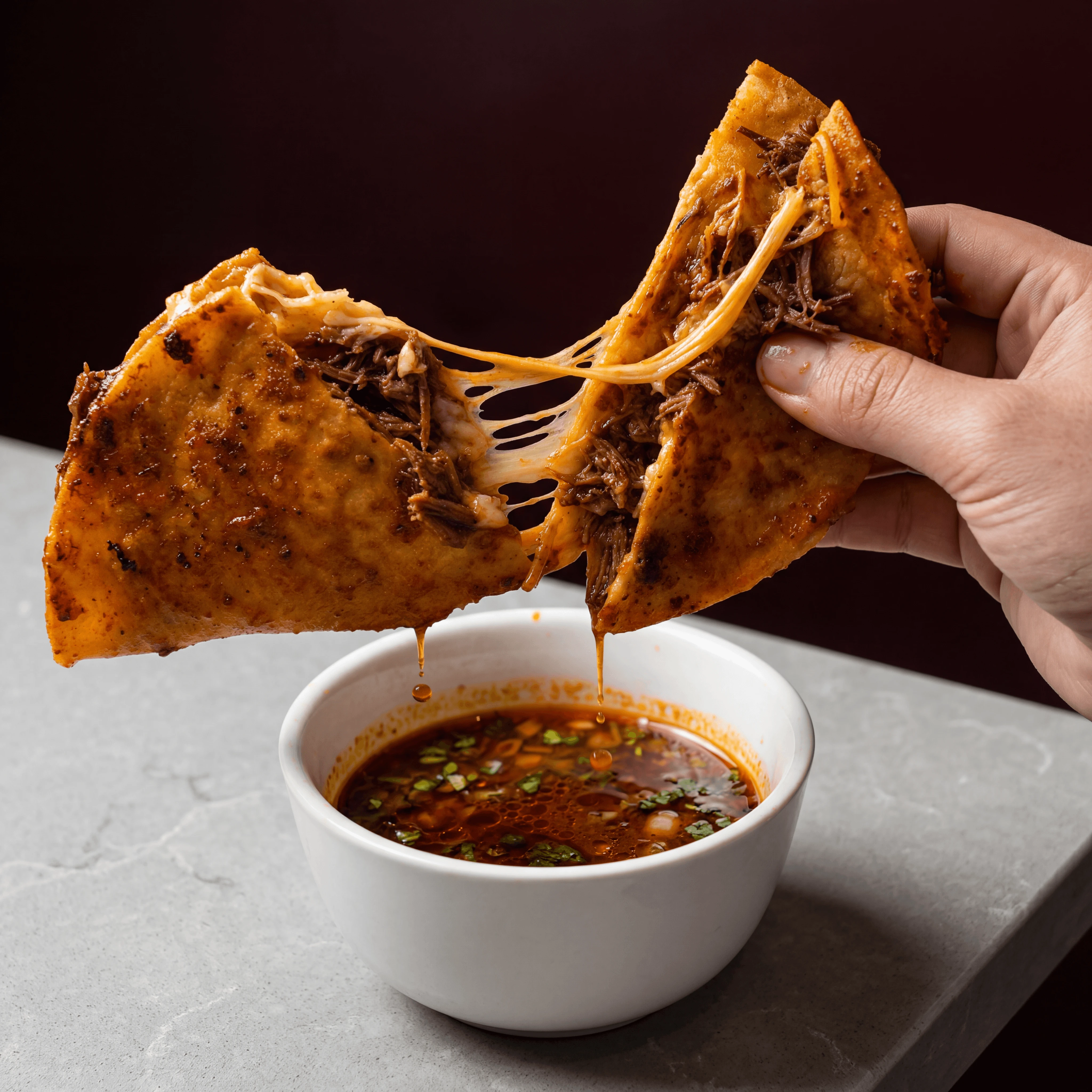 Birria quesadilla consommé dipping cheese pull — grilled wrap quesadilla card photography