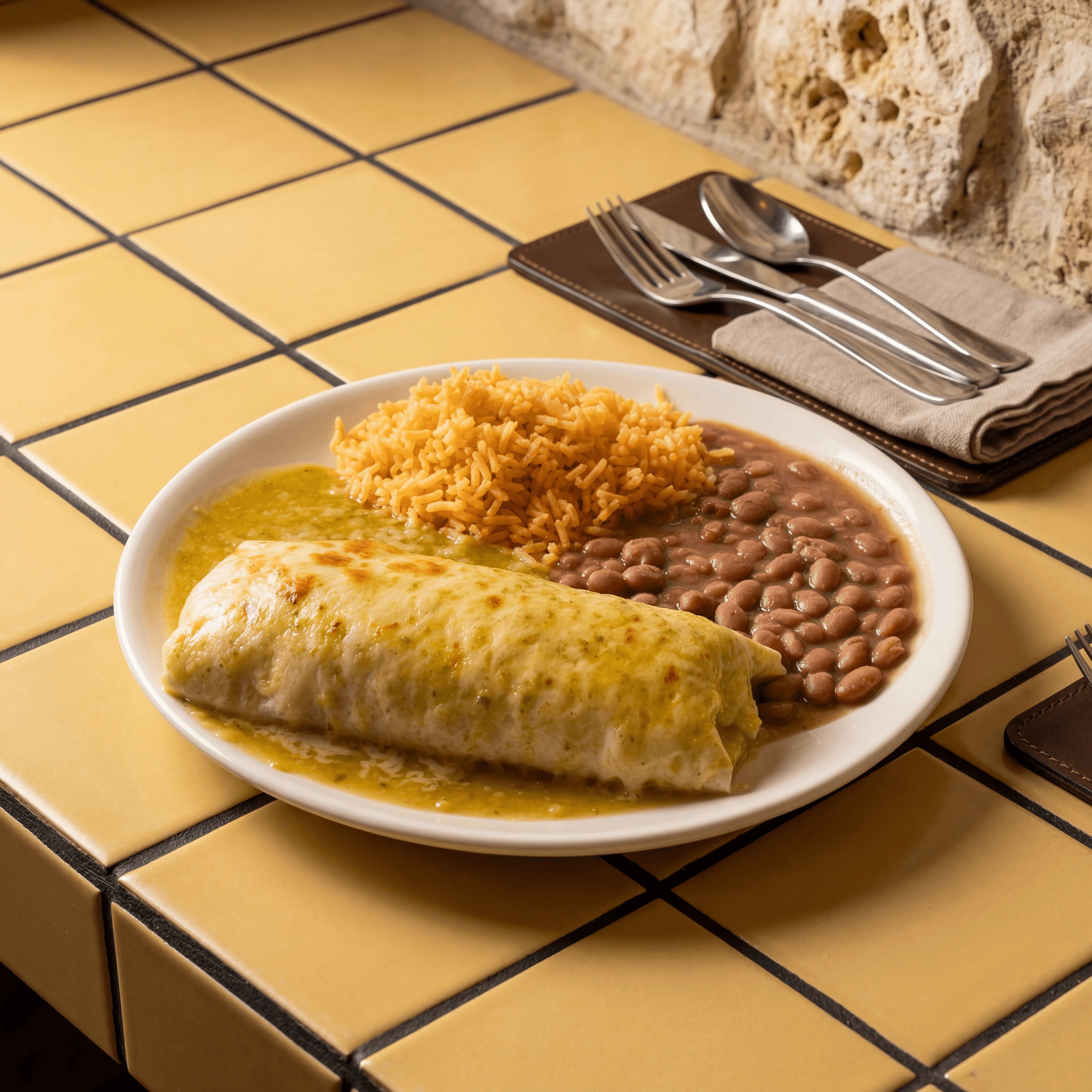 Wet smothered burrito green chile sauce broiled cheese — California Mexican card photography