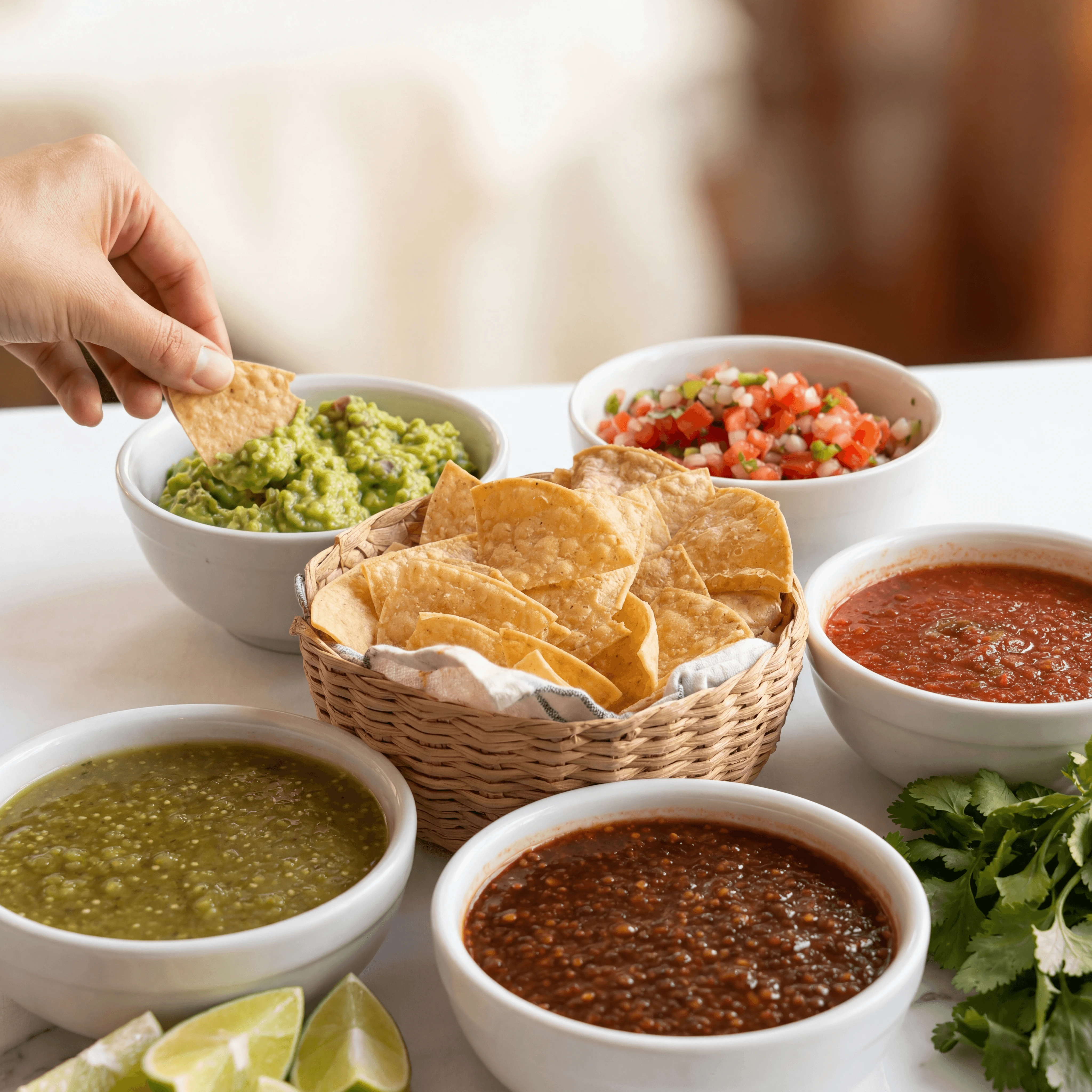 Mexican salsa bar guacamole pico de gallo chips — sides salsa card photography