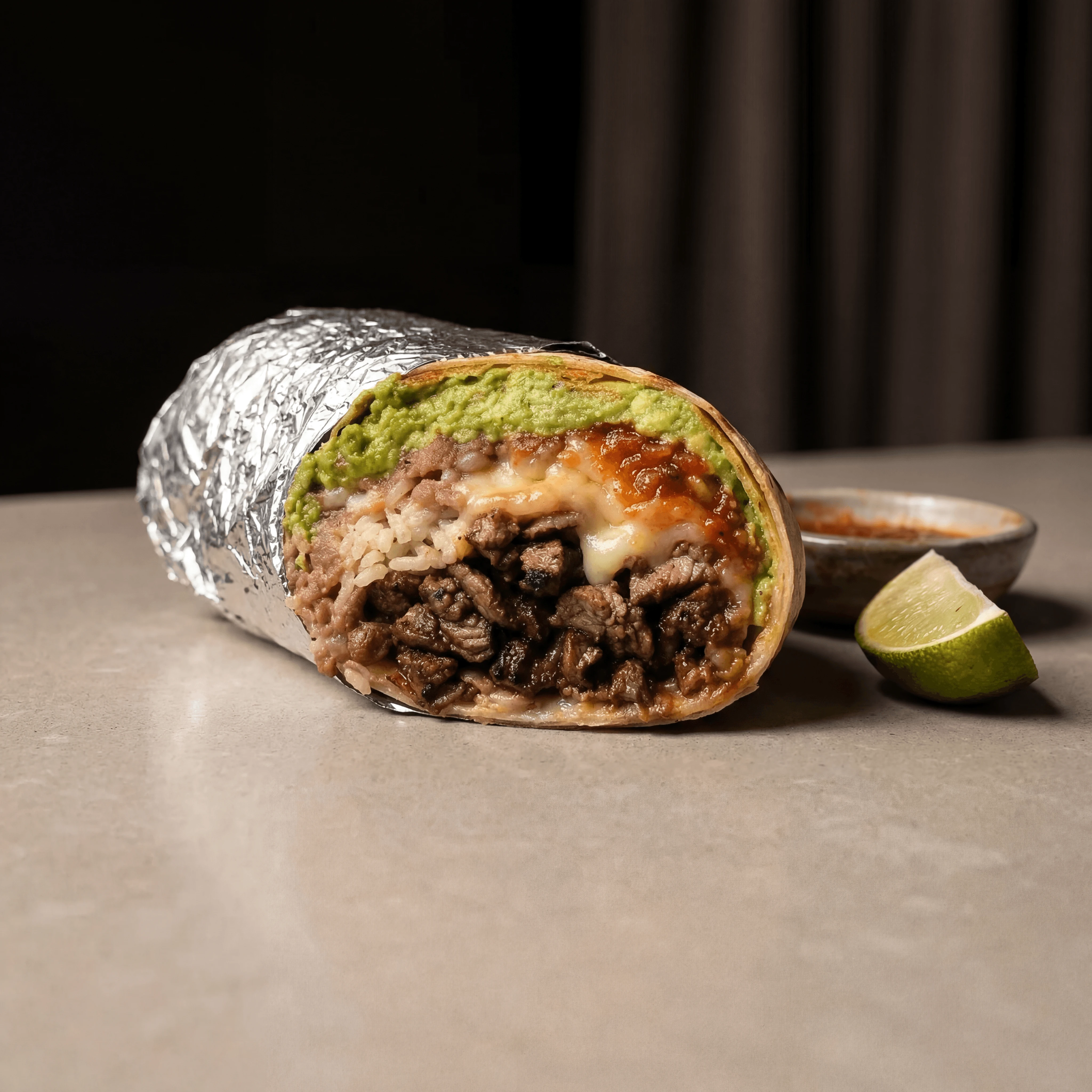 Iconic Mission carne asada burrito foil wrap pulled back filling exposed — FAQ sidebar burrito photography