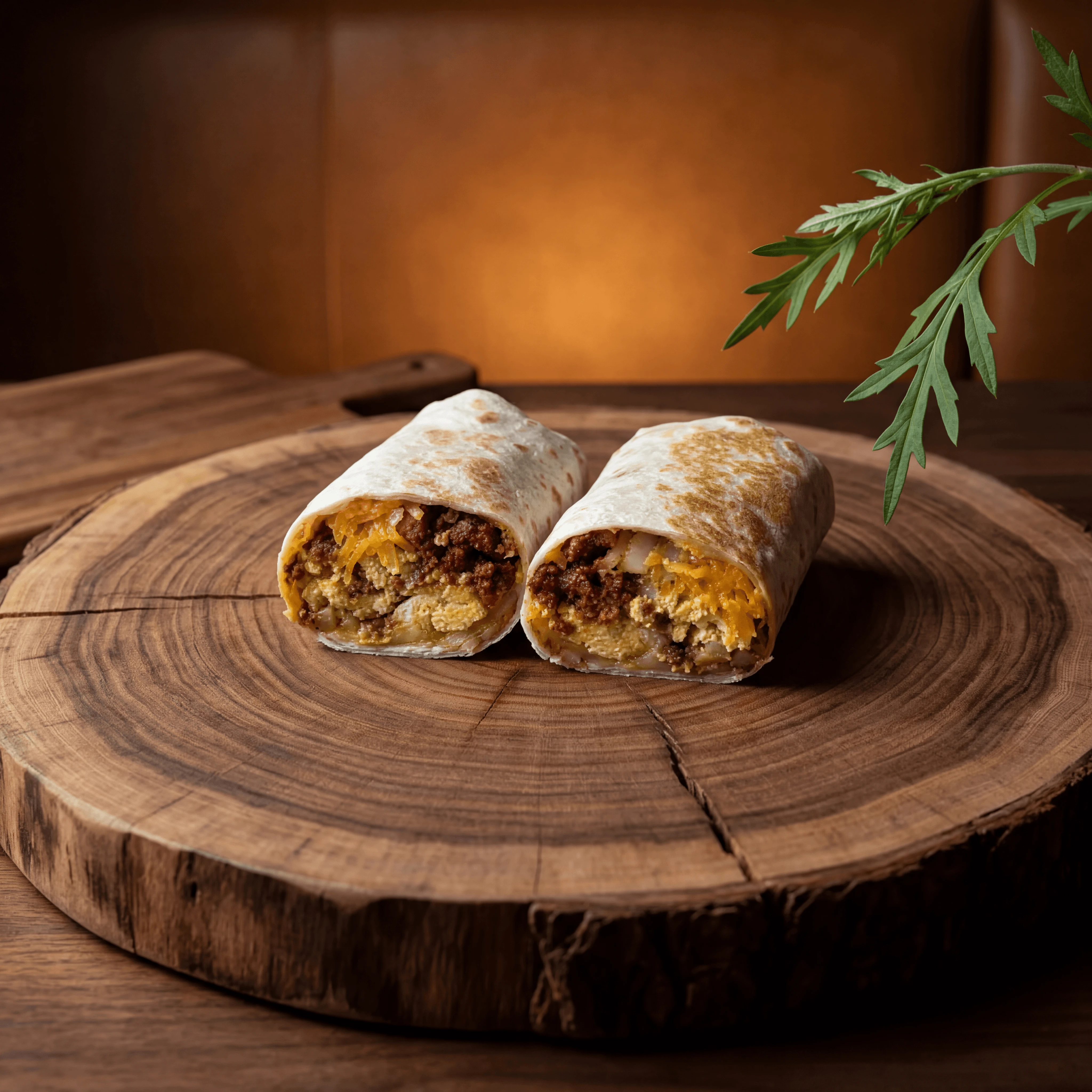 Texas breakfast burrito chorizo eggs hash browns cheese — morning Mexican hero photography