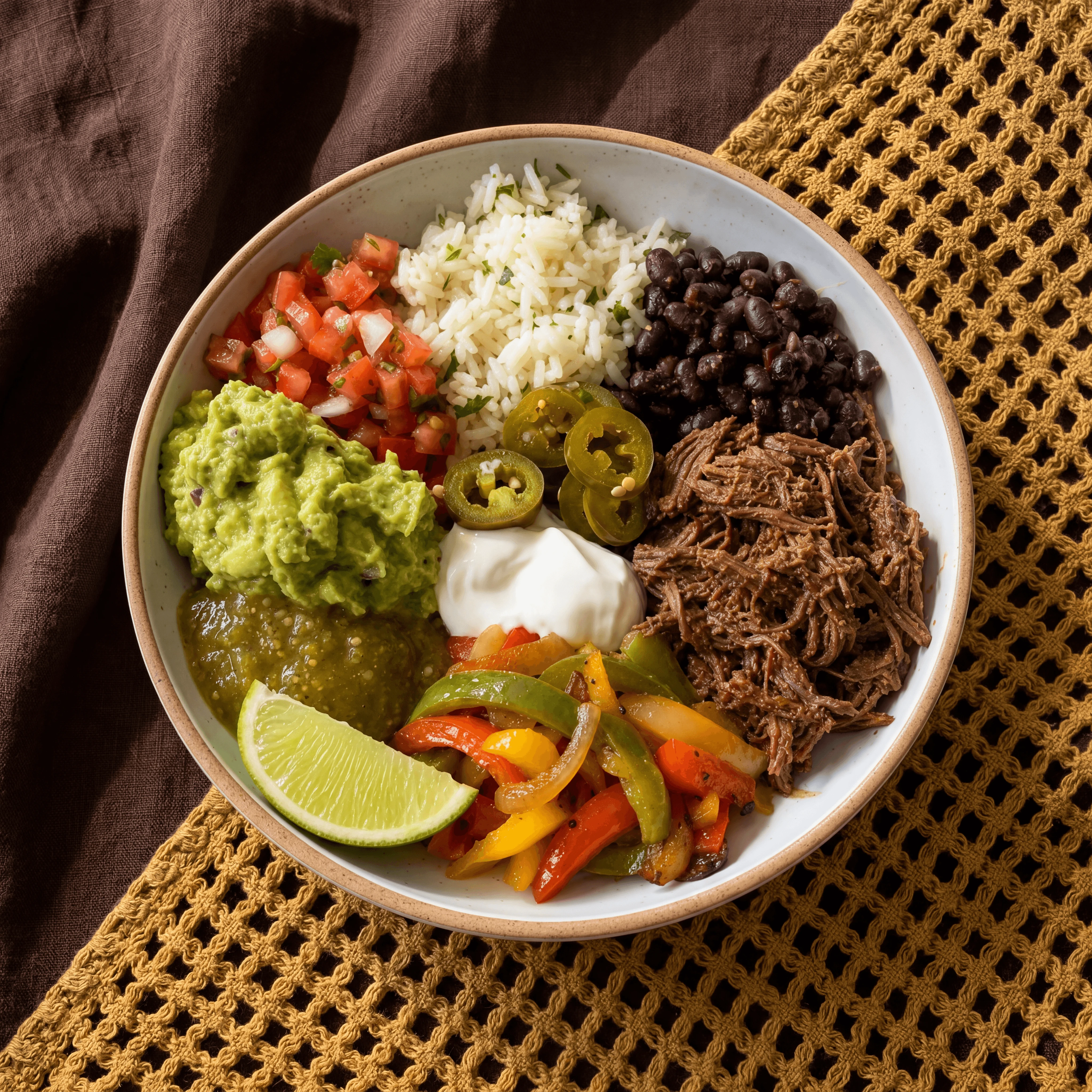 Chipotle style burrito bowl cilantro lime rice barbacoa — fast casual Mexican hero photography