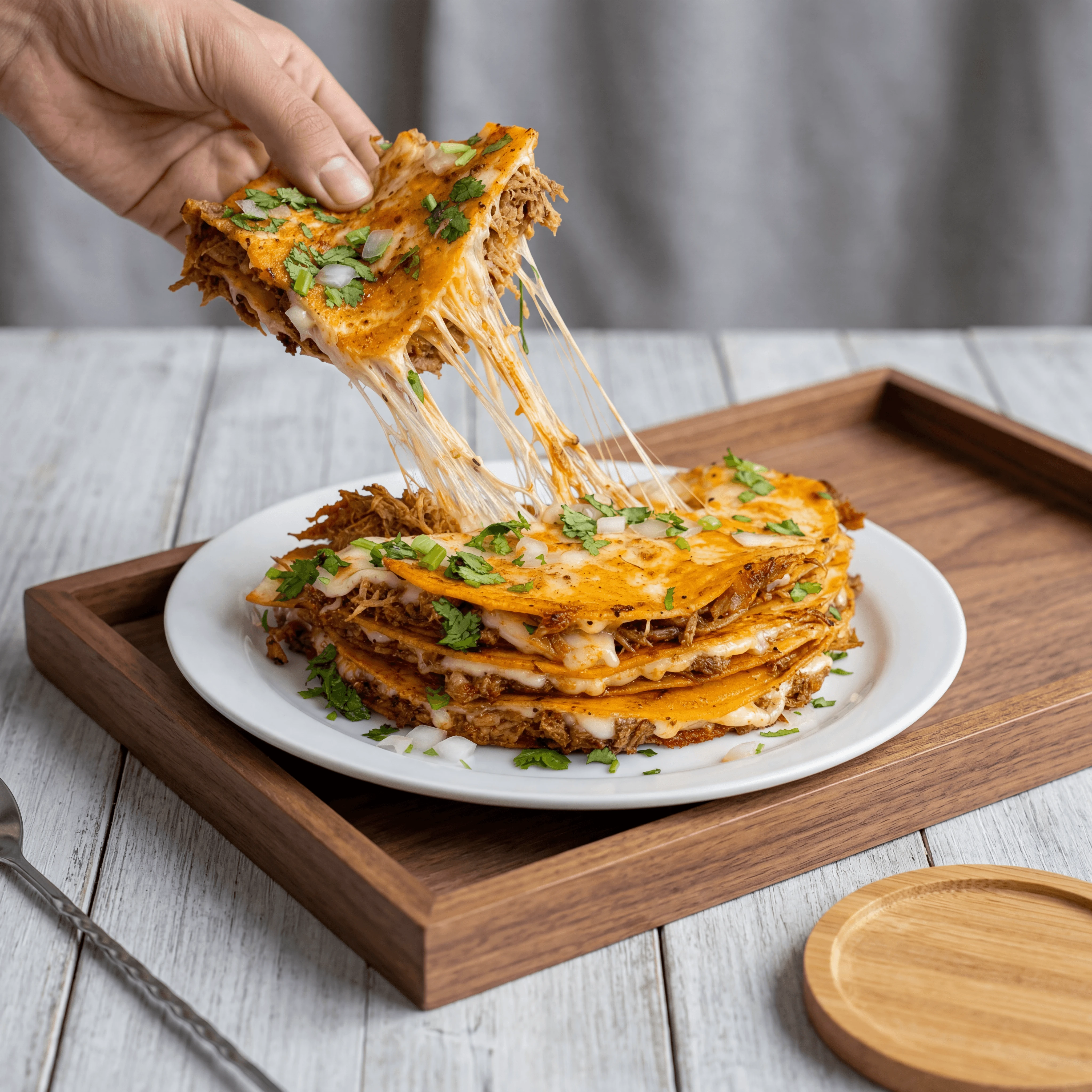 Quesadilla cheese pull stack flour tortilla grilled — Mexican grilled wrap hero photography