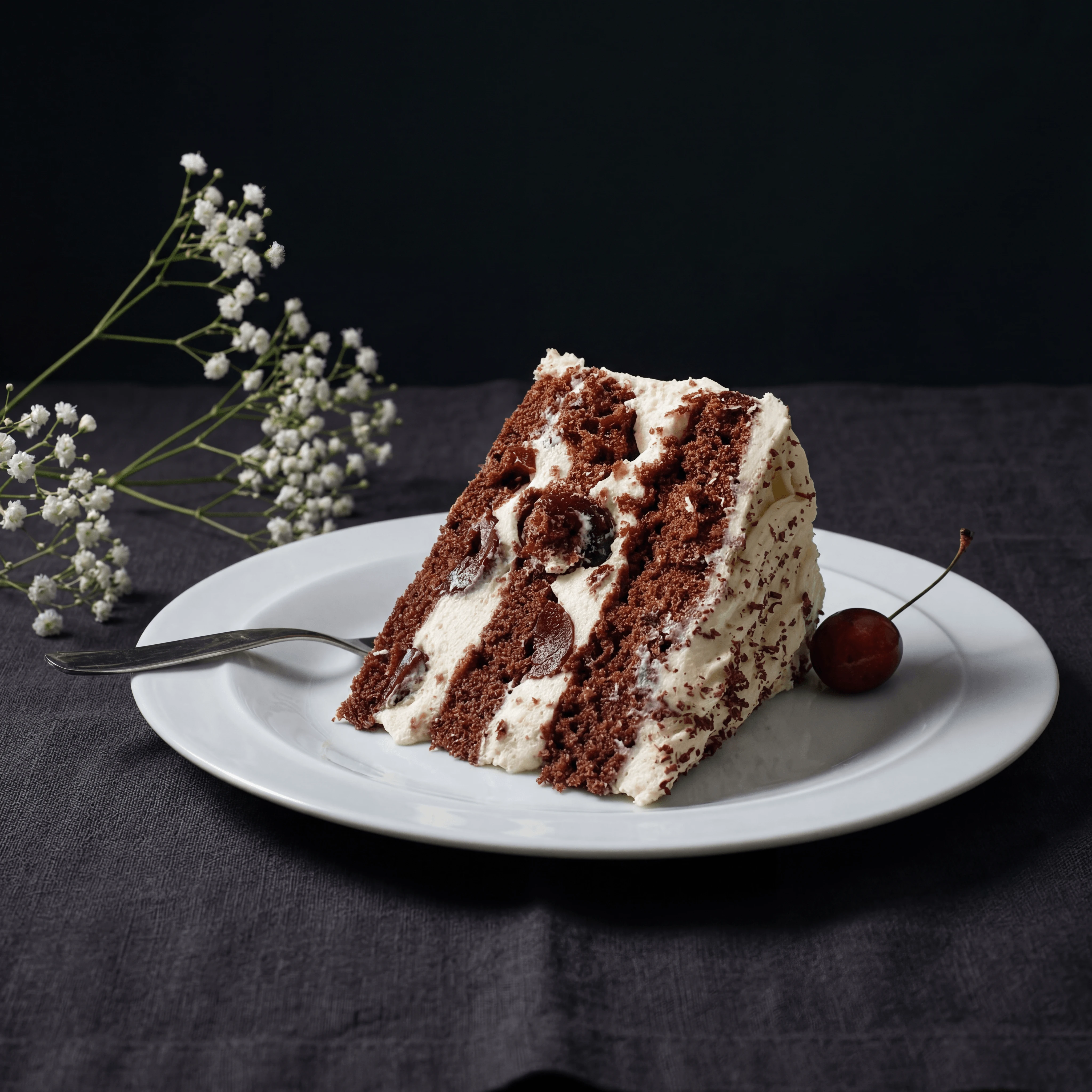Black Forest cake slice with cherries and chocolate shavings — layer cake cross-section photography